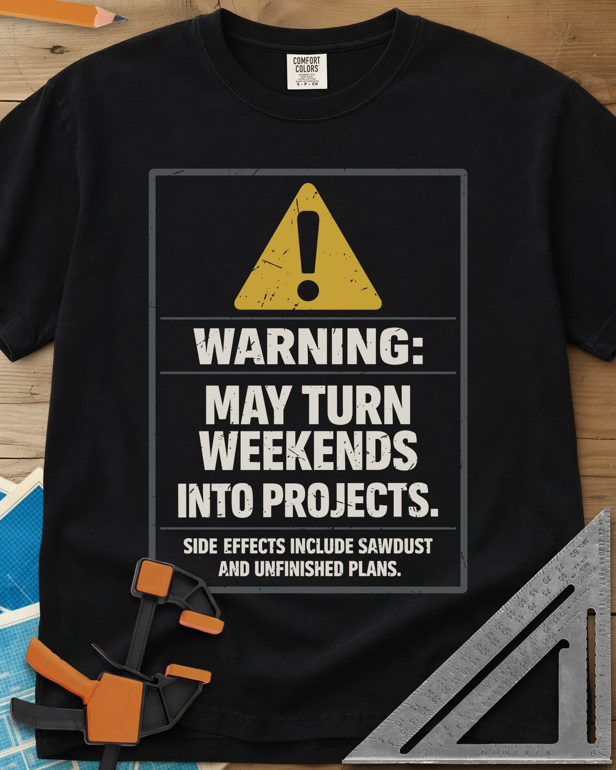 Warning Weekends Into Projects heavyweight tee in Black, a hazard-sign panel with a yellow triangle and a side-effects line