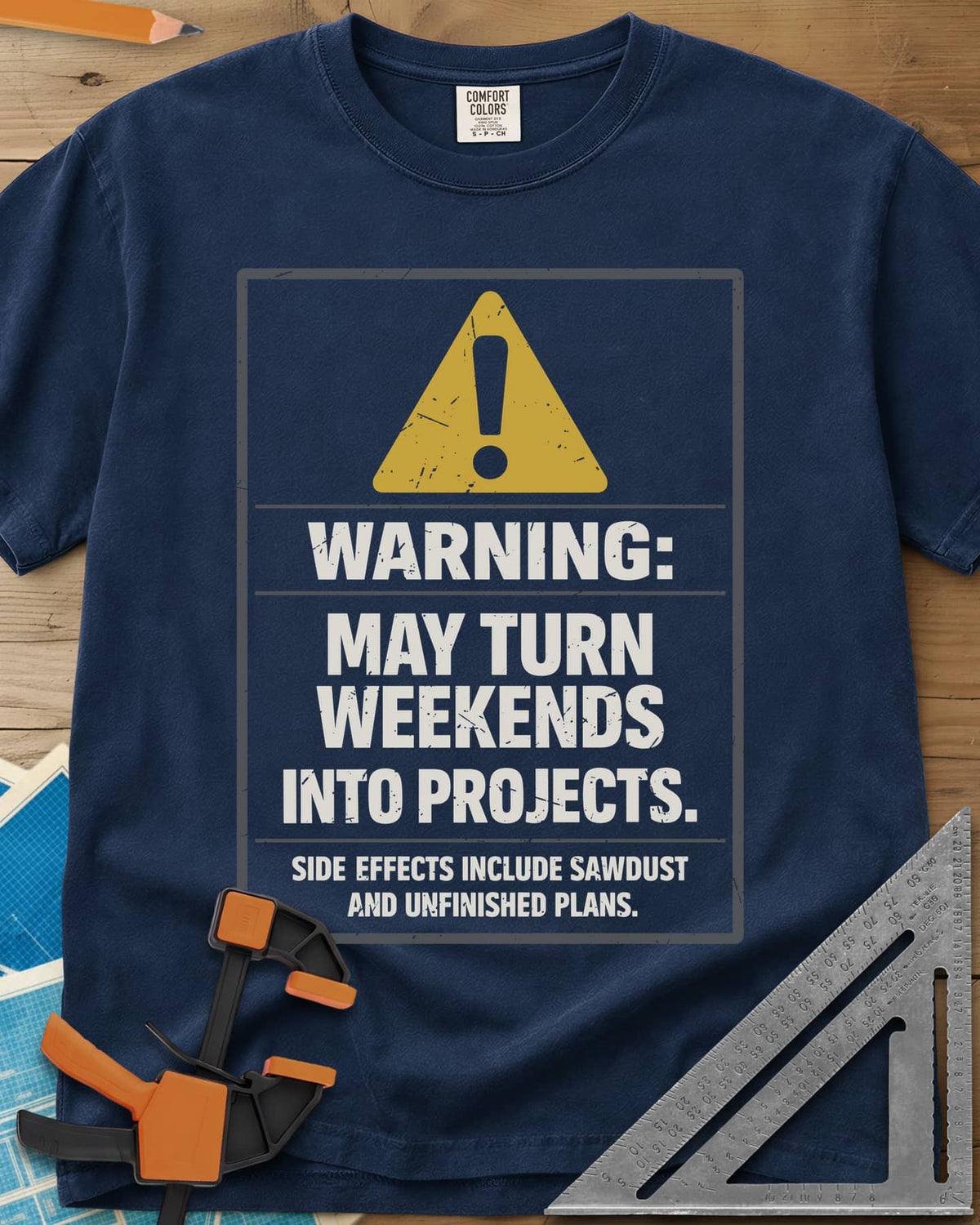 Warning Weekends Into Projects heavyweight tee in Navy, a hazard-sign panel with a yellow triangle and a side-effects line