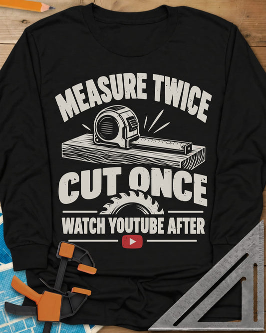 Watch YouTube After long sleeve shirt in Black, tape measure on a plank, a saw blade and a red play button