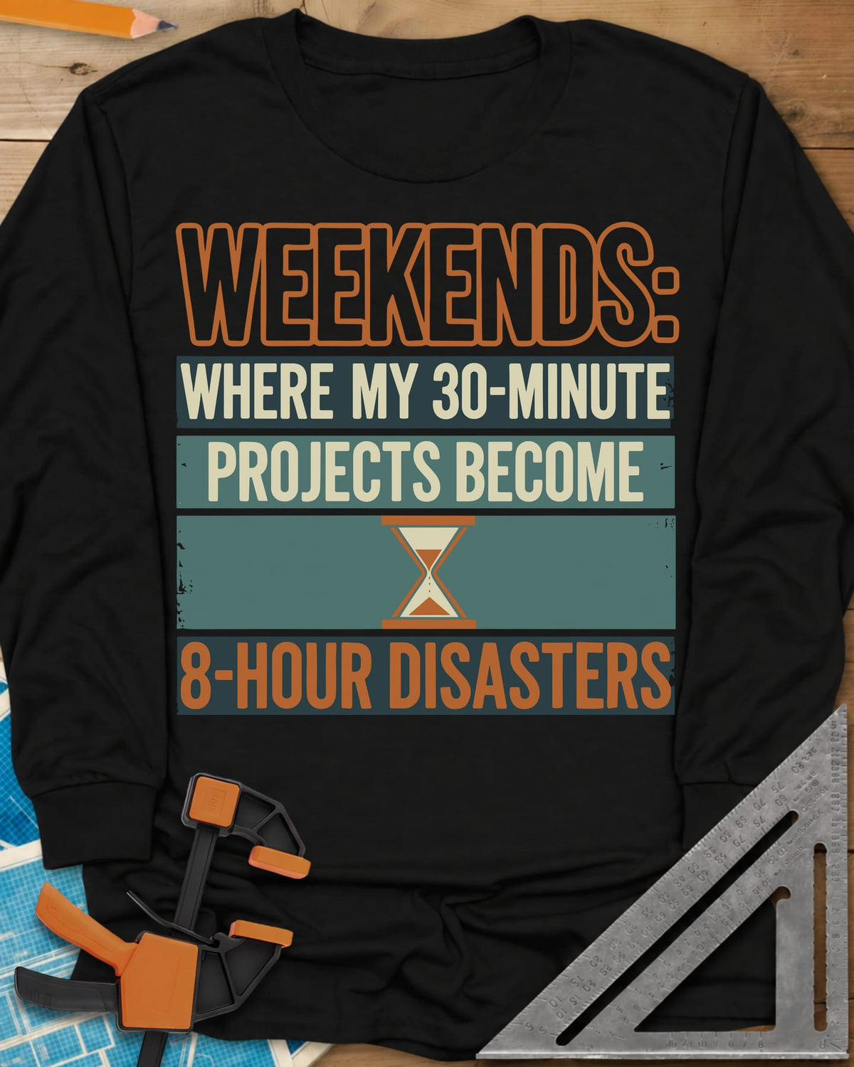 Weekend Disasters long sleeve shirt in Black, retro striped text blocks around an hourglass
