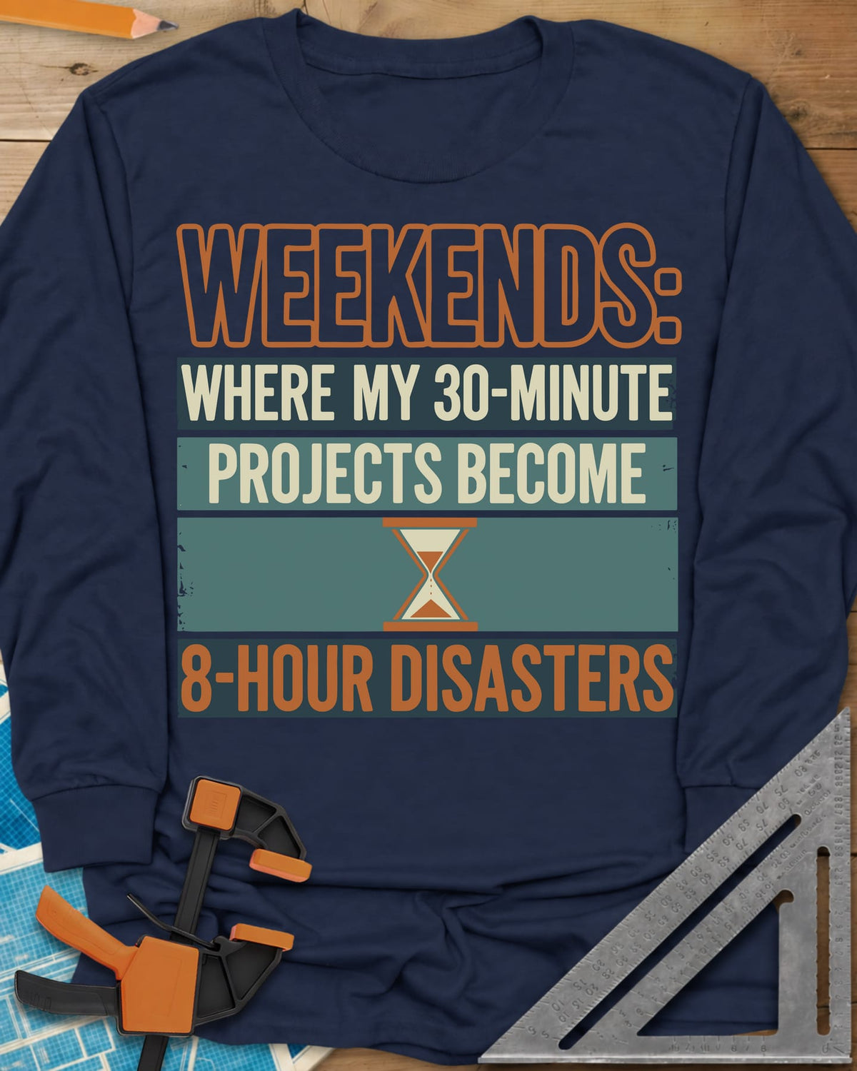 Weekend Disasters long sleeve shirt in Navy, retro striped text blocks around an hourglass