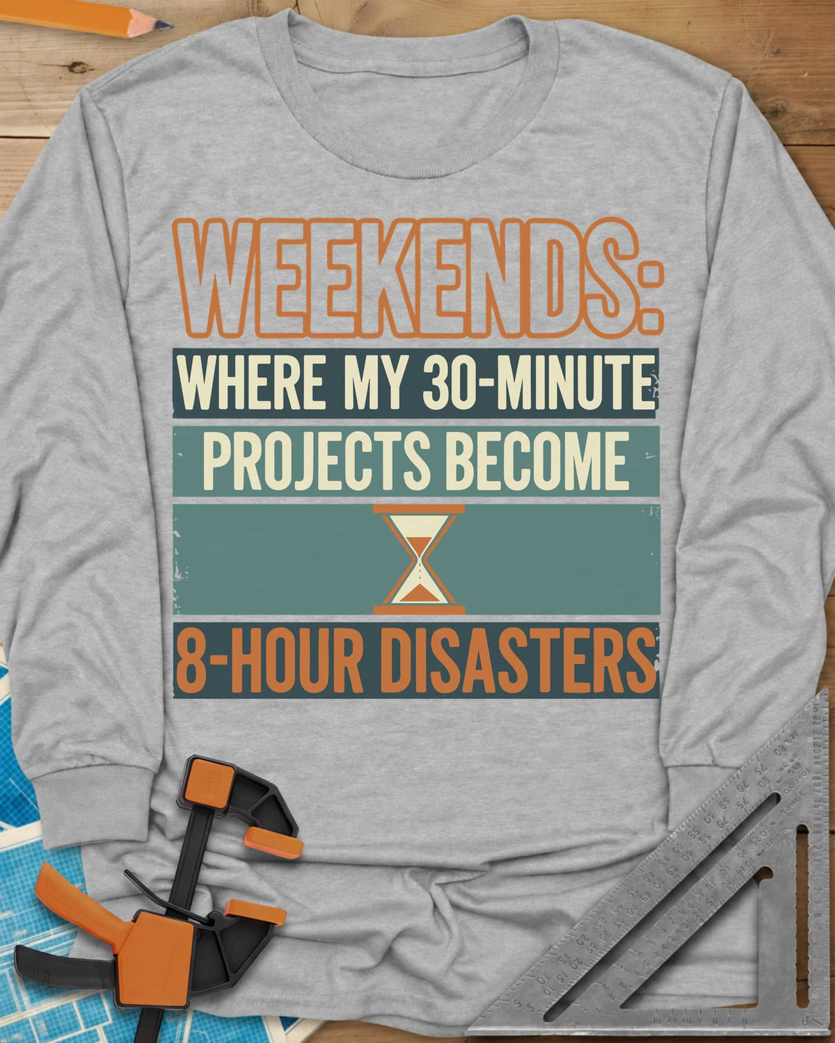 Weekend Disasters long sleeve shirt in Sport Grey, retro striped text blocks around an hourglass