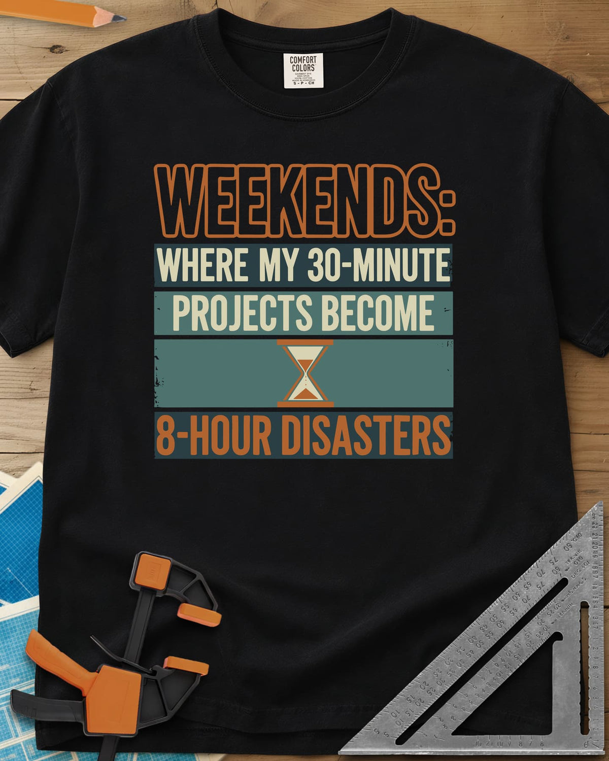Weekend Disasters heavyweight tee in Black, retro striped text blocks around an hourglass