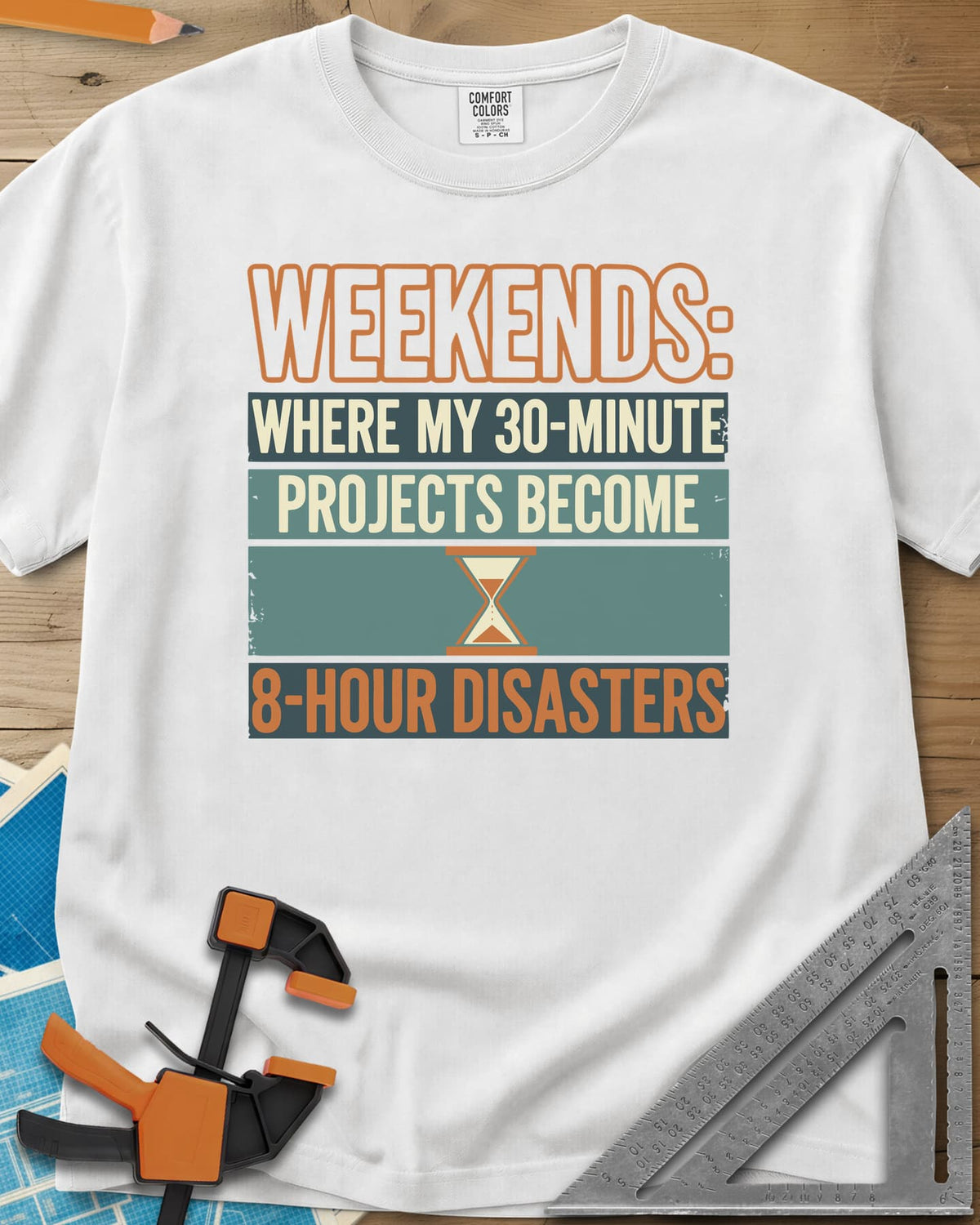Weekend Disasters heavyweight tee in White, retro striped text blocks around an hourglass