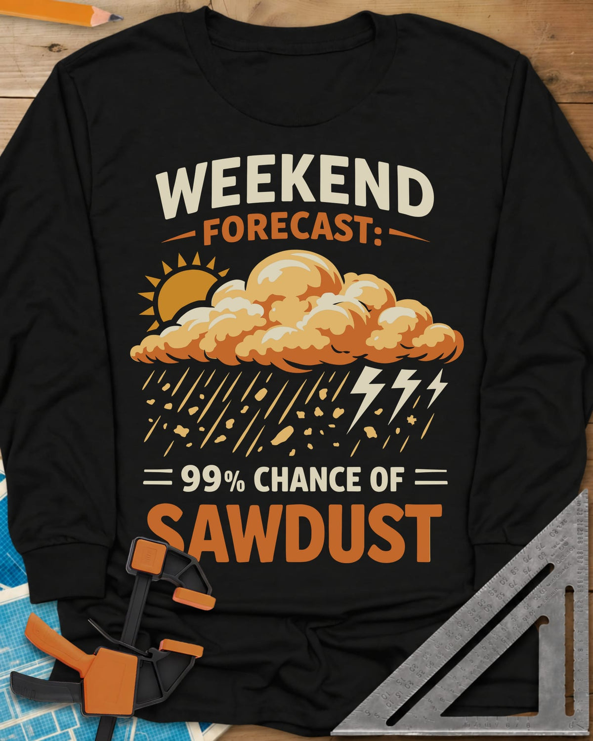 Weekend Forecast long sleeve shirt in Black, a sun behind a cloud raining wood chips and lightning