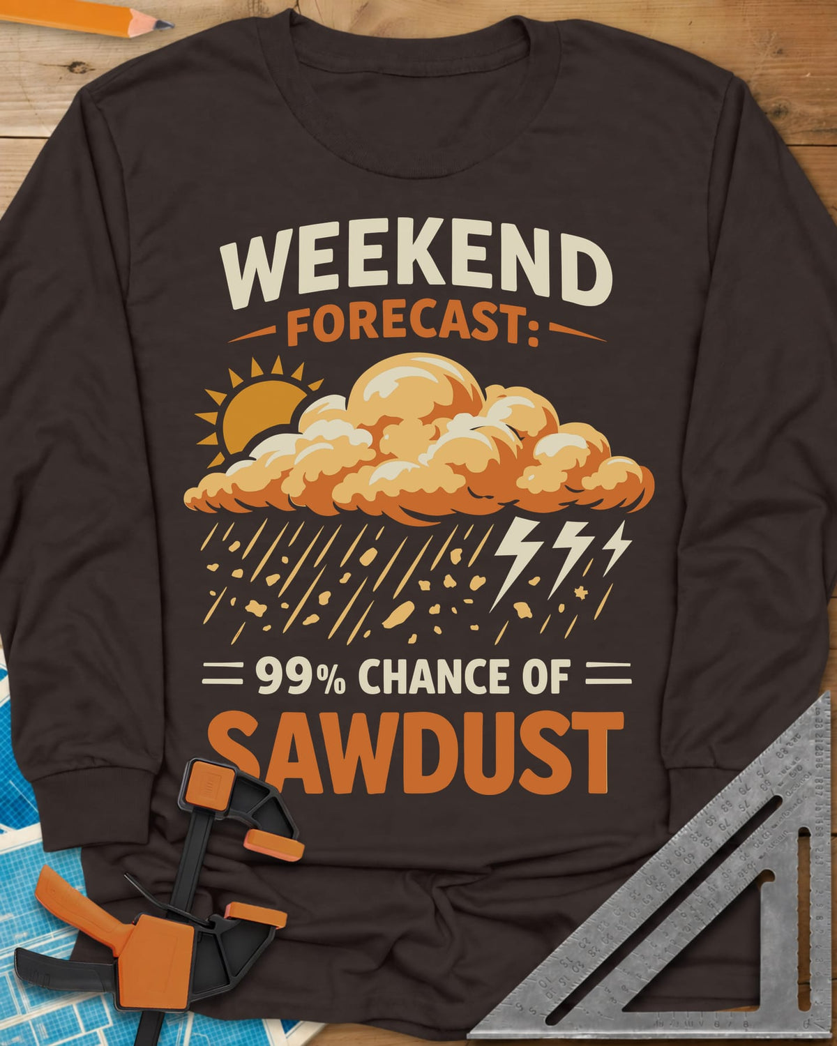 Weekend Forecast long sleeve shirt in Dark Chocolate, a sun behind a cloud raining wood chips and lightning