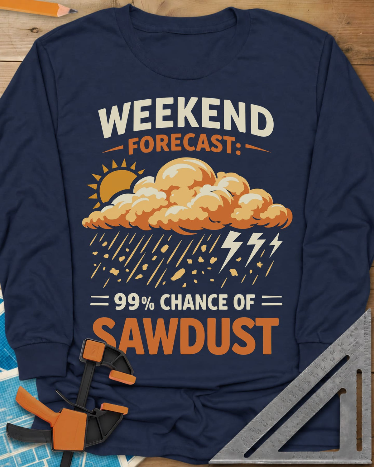 Weekend Forecast long sleeve shirt in Navy, a sun behind a cloud raining wood chips and lightning