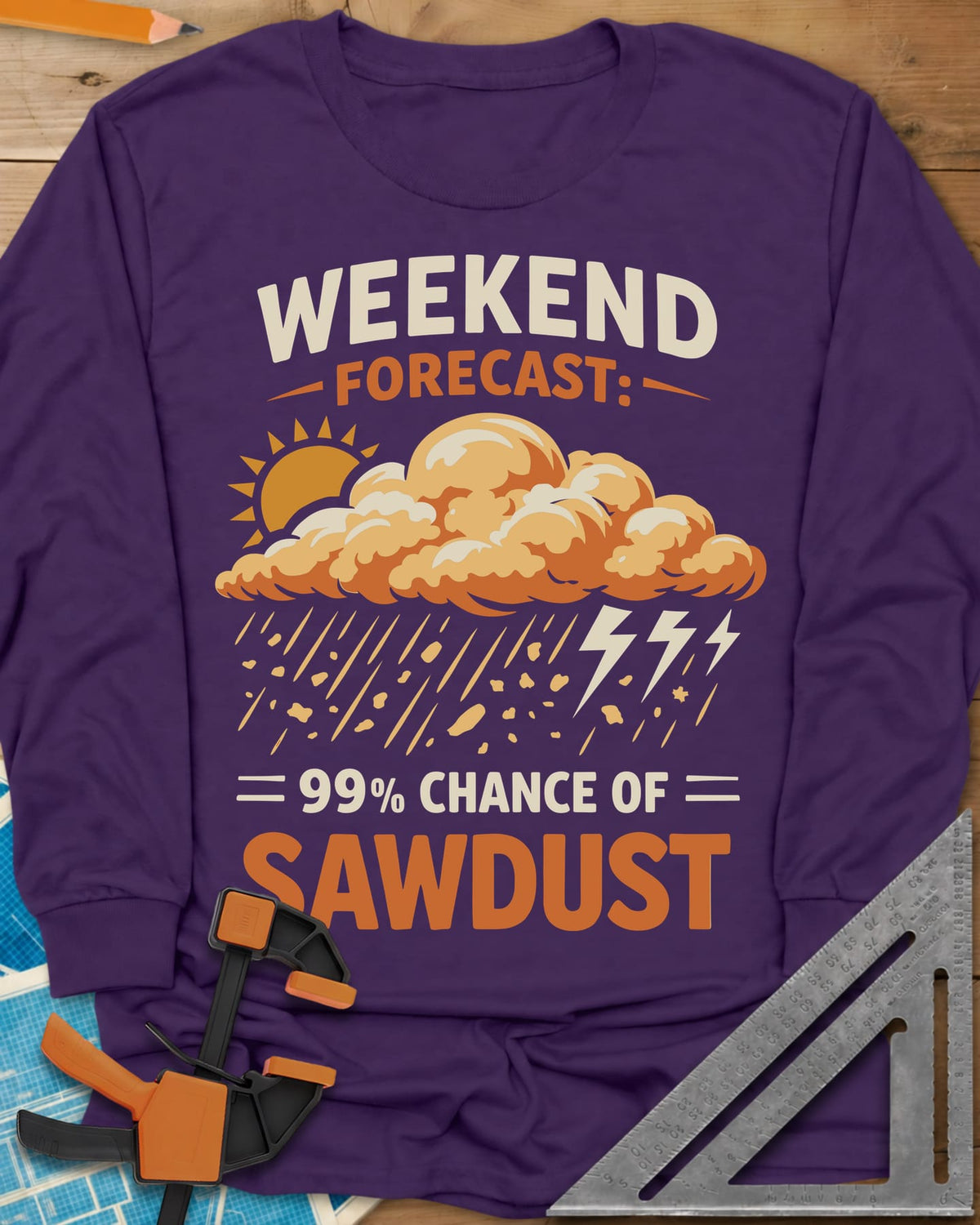Weekend Forecast long sleeve shirt in Purple, a sun behind a cloud raining wood chips and lightning
