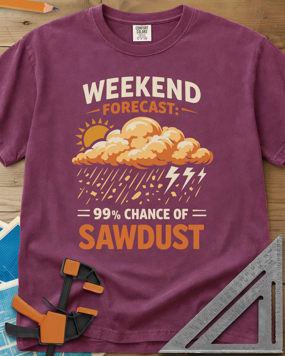 Weekend Forecast heavyweight tee in Berry, a sun behind a cloud raining wood chips and lightning