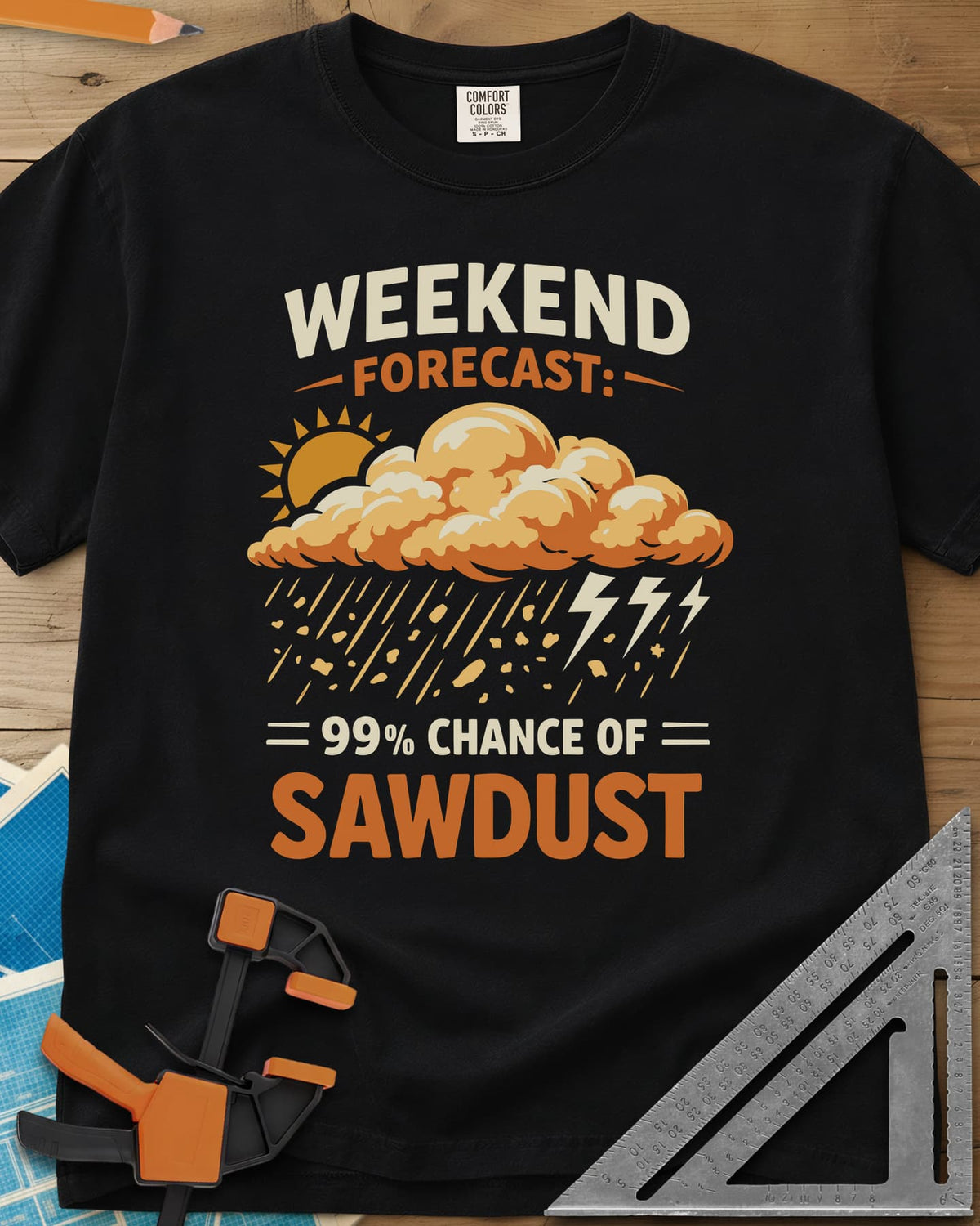 Weekend Forecast heavyweight tee in Black, a sun behind a cloud raining wood chips and lightning