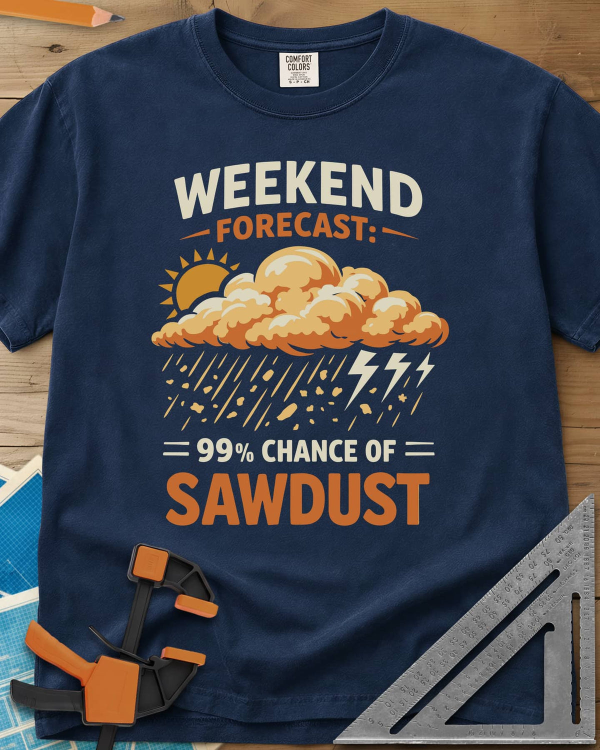 Weekend Forecast heavyweight tee in Navy, a sun behind a cloud raining wood chips and lightning