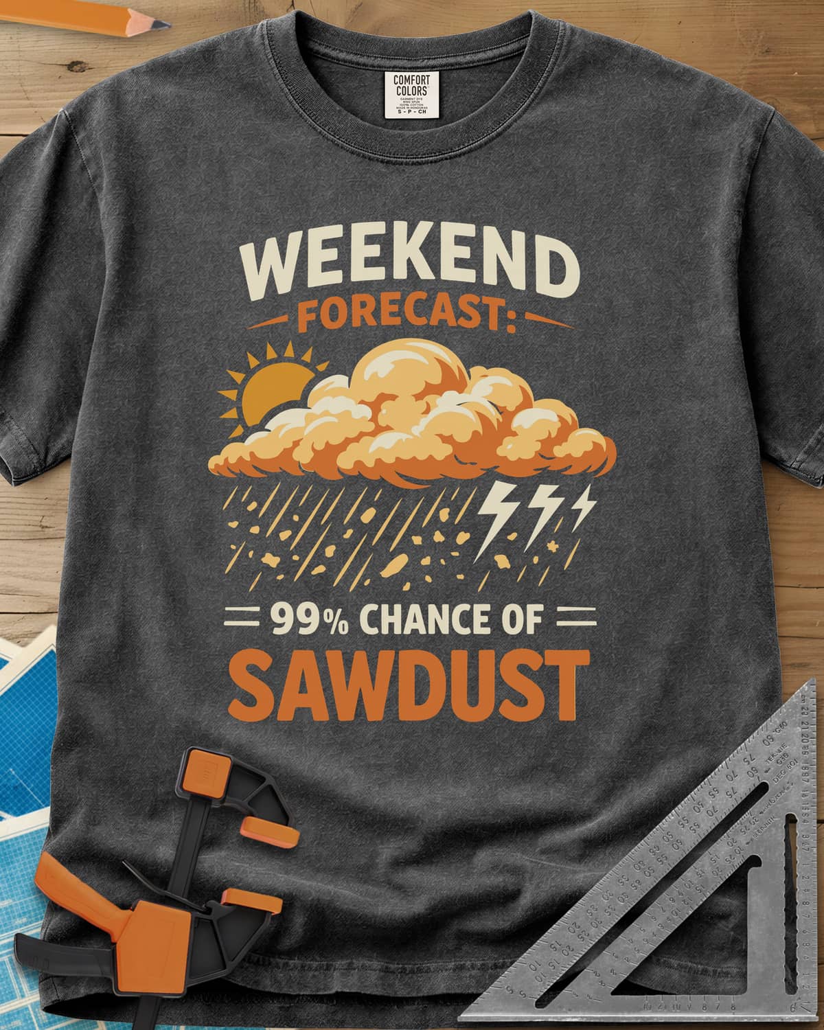 Weekend Forecast heavyweight tee in Pepper, a sun behind a cloud raining wood chips and lightning