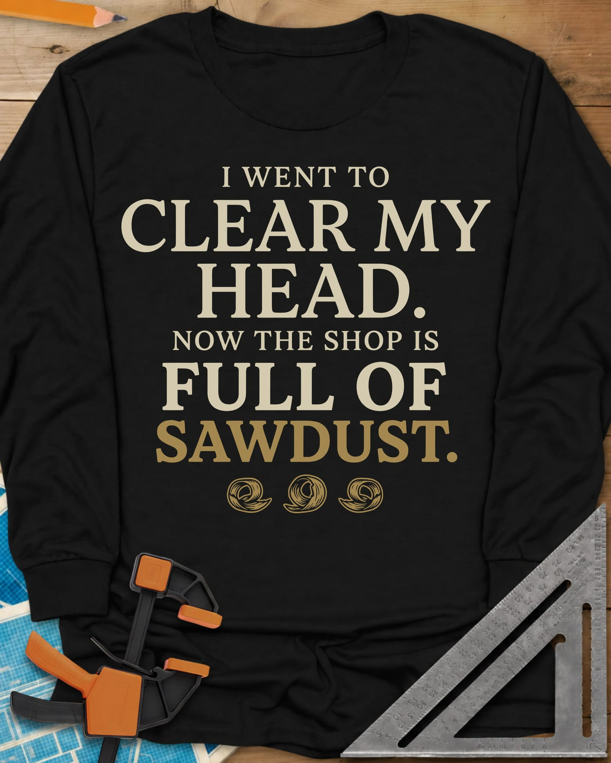 Went To Clear My Head long sleeve shirt in Black, serif slogan with three wood-shaving curls underneath