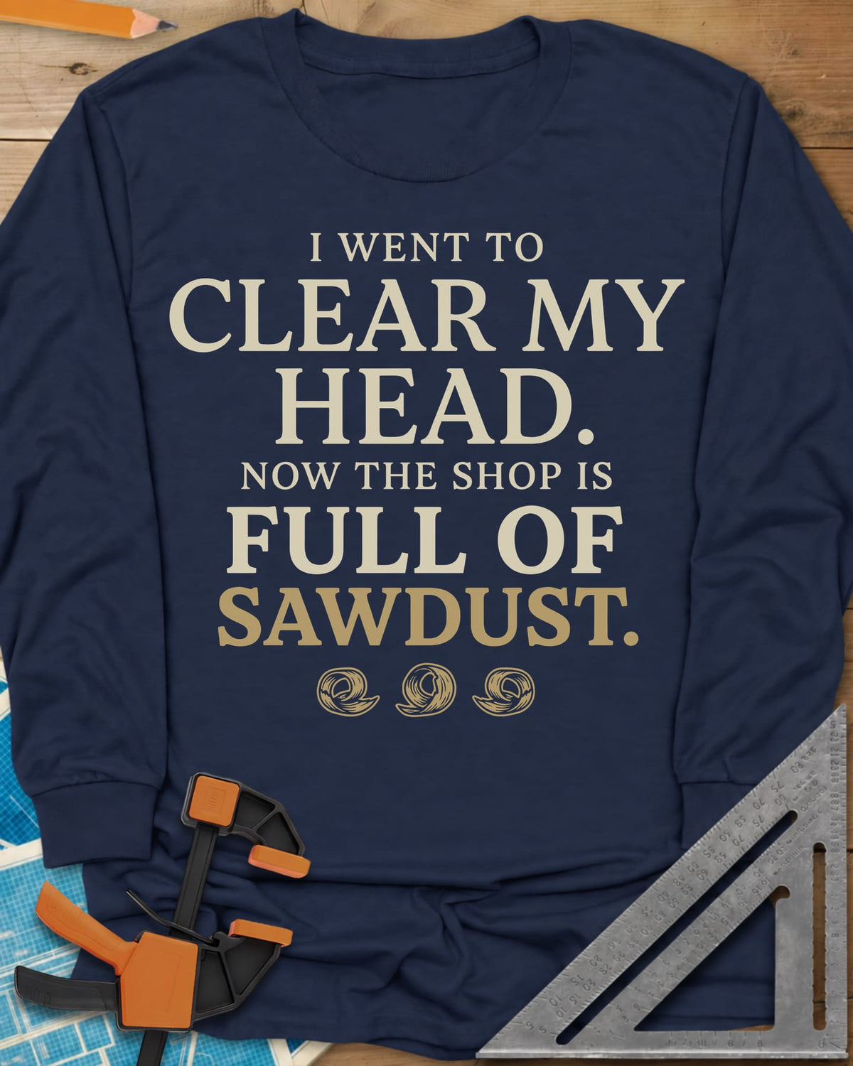 Went To Clear My Head long sleeve shirt in Navy, serif slogan with three wood-shaving curls underneath