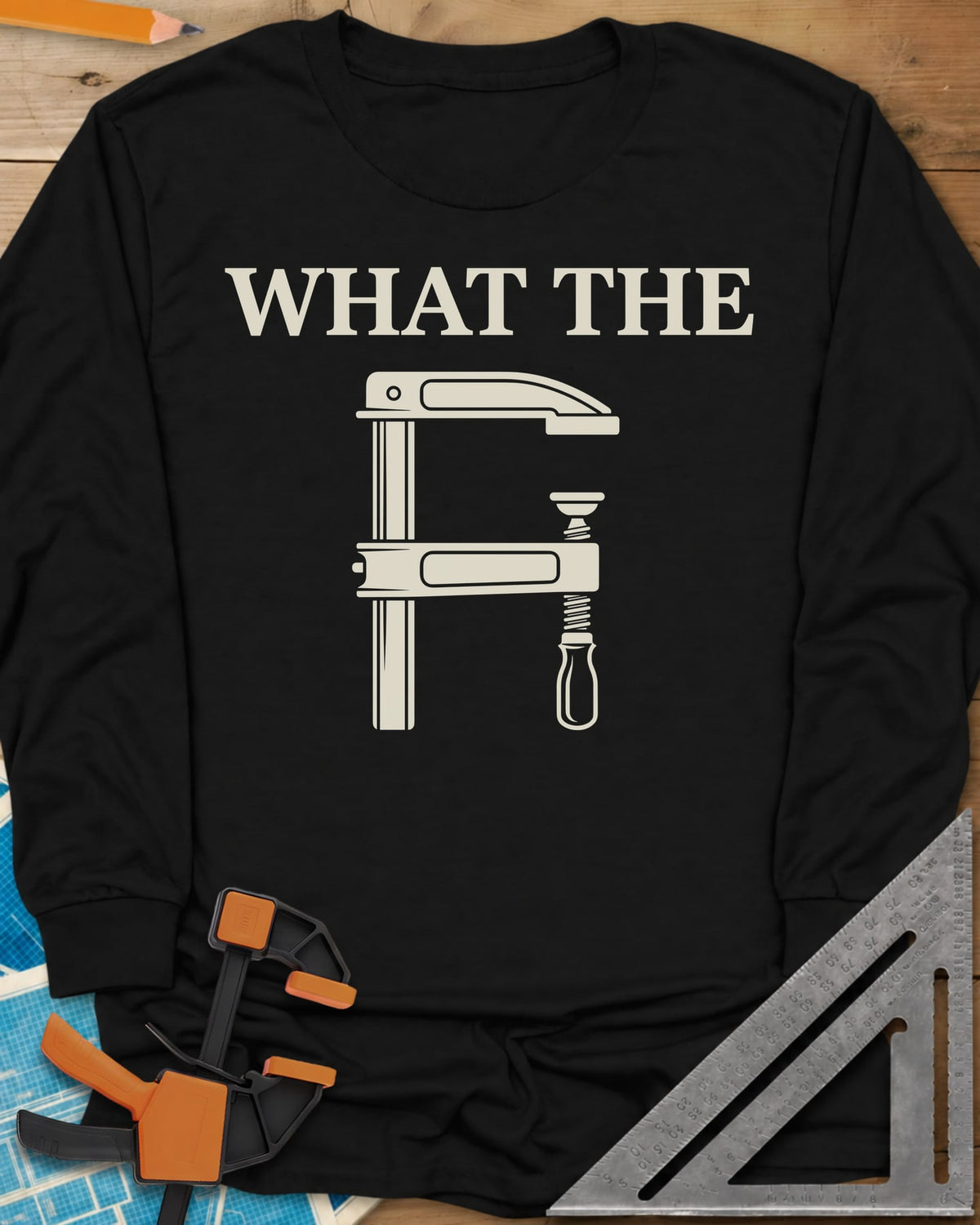 What The F Clamp Woodworking long sleeve shirt in Black, a bar clamp drawn to look like a capital F