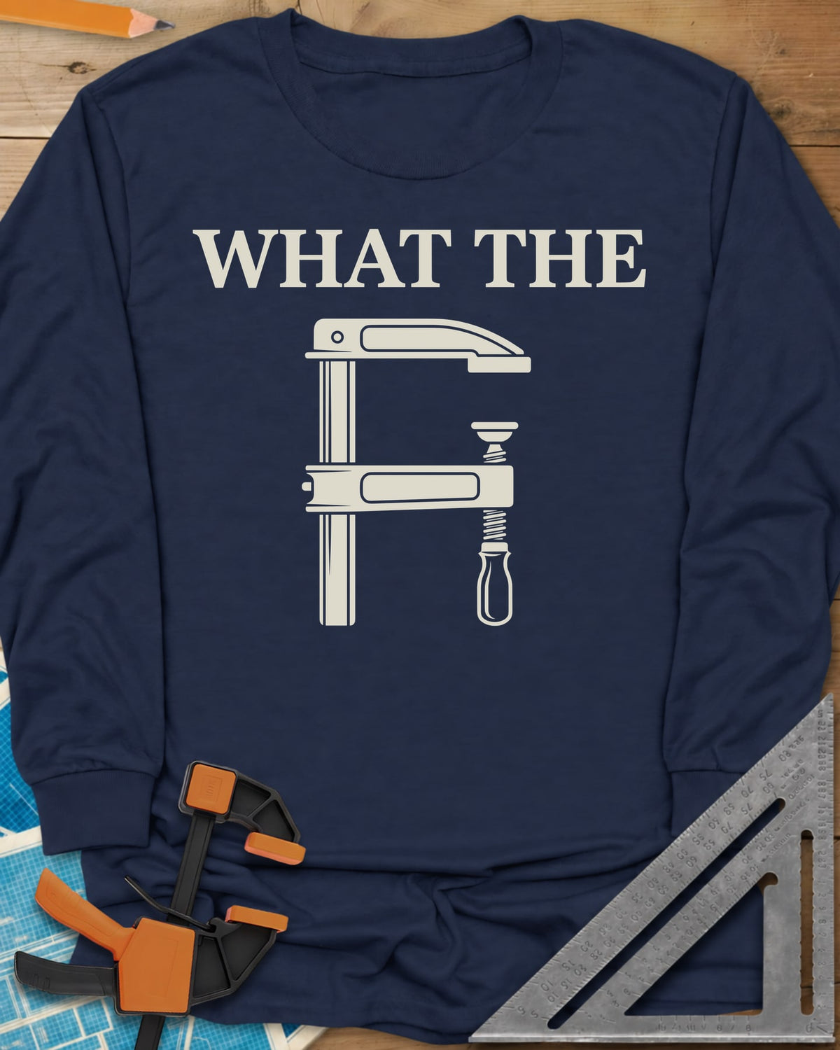 What The F Clamp Woodworking long sleeve shirt in Navy, a bar clamp drawn to look like a capital F