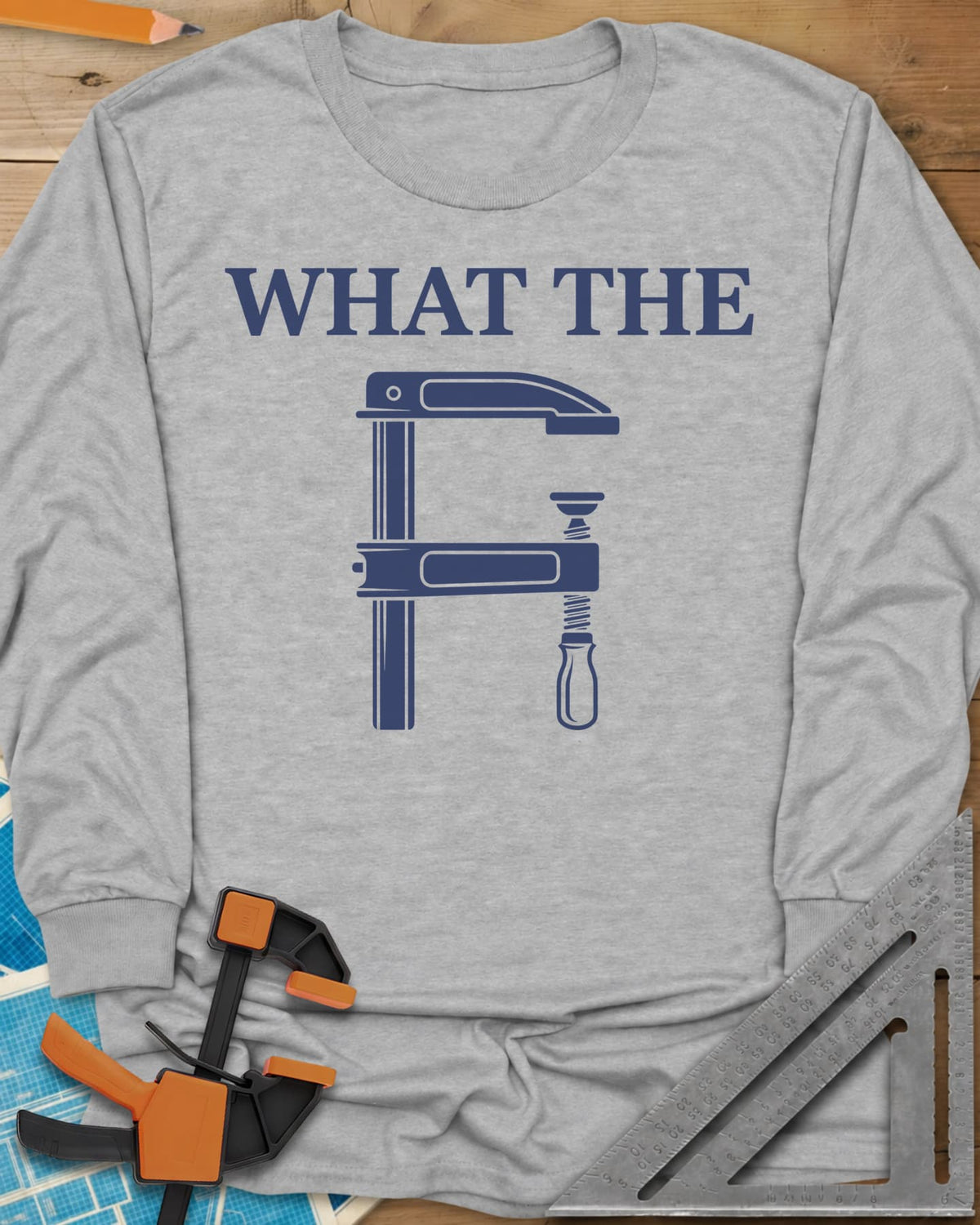 What The F Clamp Woodworking long sleeve shirt in Sport Grey, a bar clamp drawn to look like a capital F