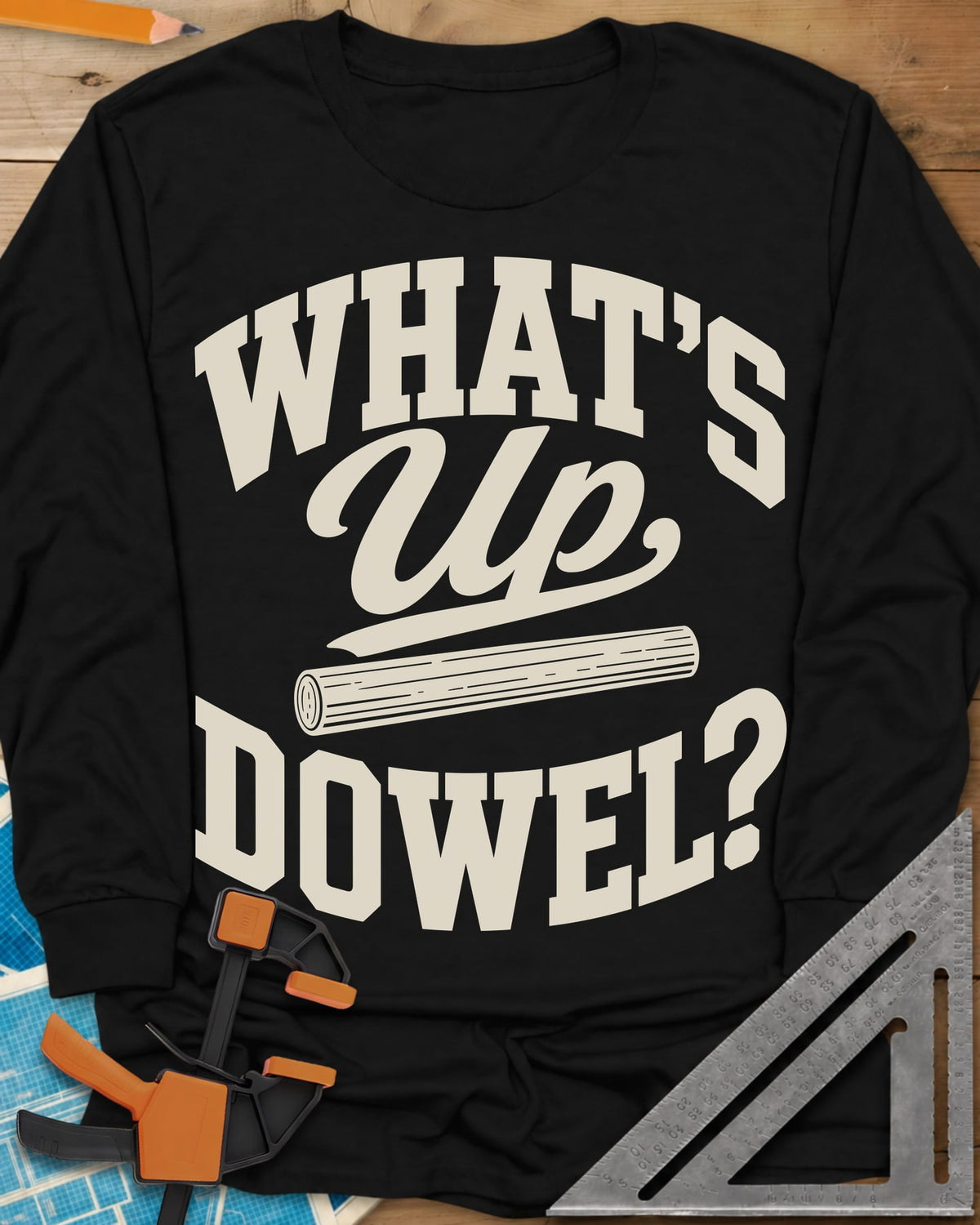 What'S Up Dowel long sleeve shirt in Black, a wooden dowel under a script Up between slab-style words