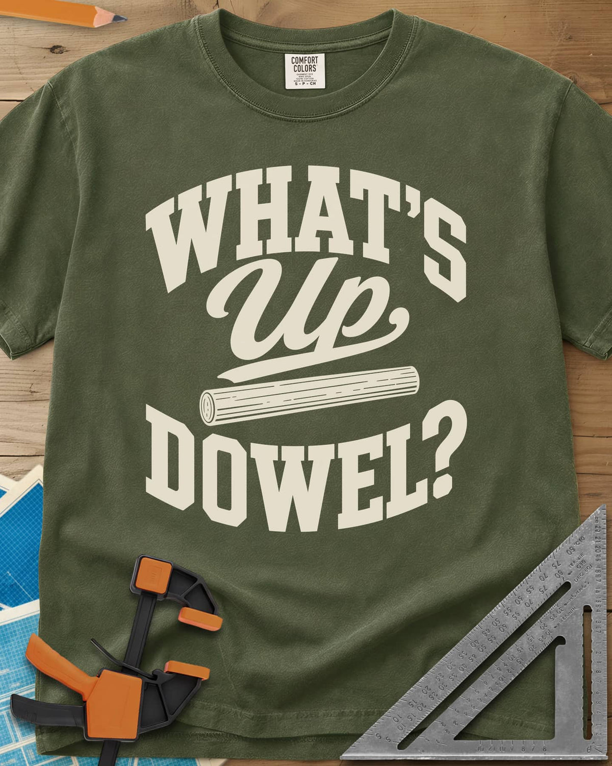 What'S Up Dowel heavyweight tee in Hemp, a wooden dowel under a script Up between slab-style words