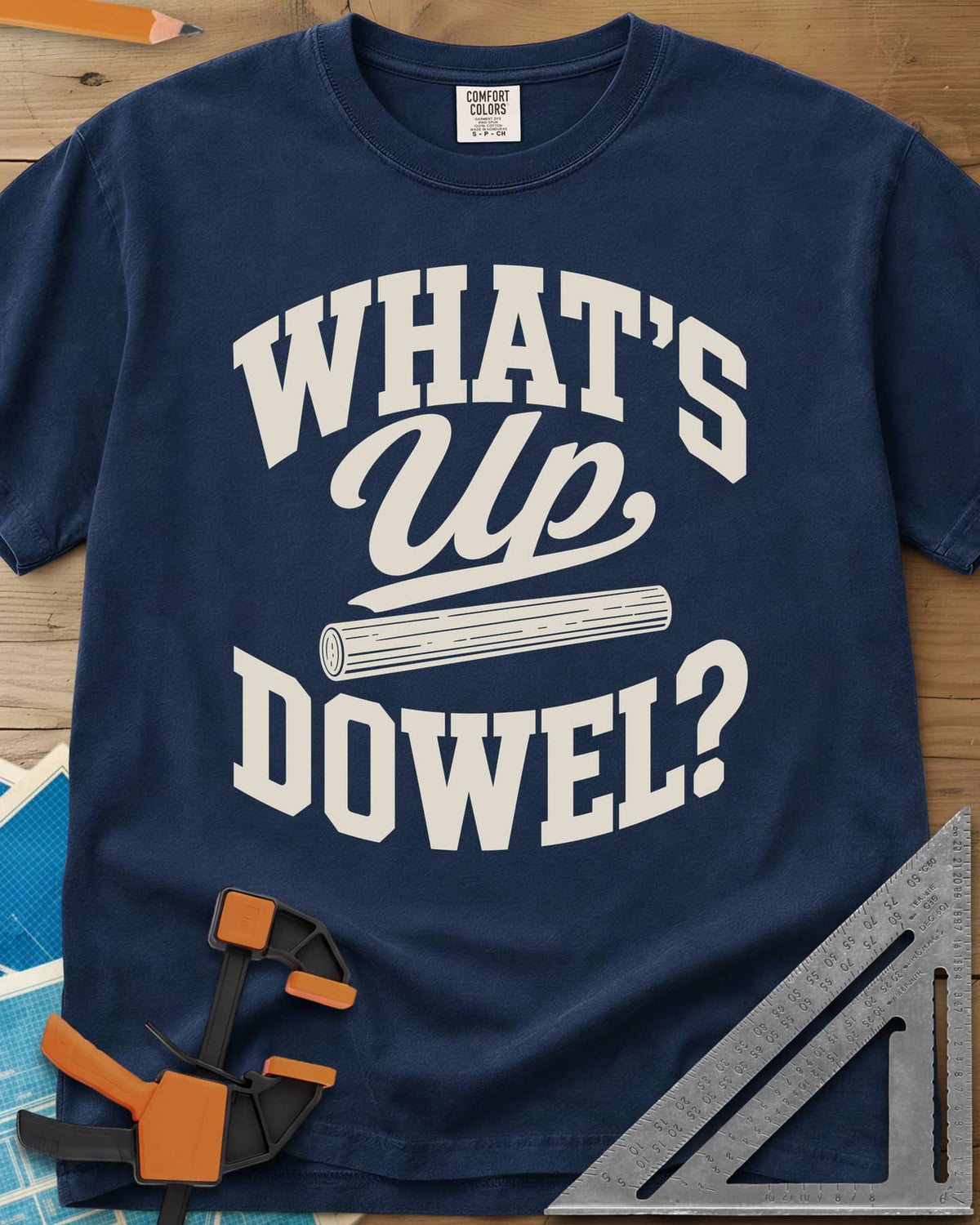What'S Up Dowel heavyweight tee in Navy, a wooden dowel under a script Up between slab-style words