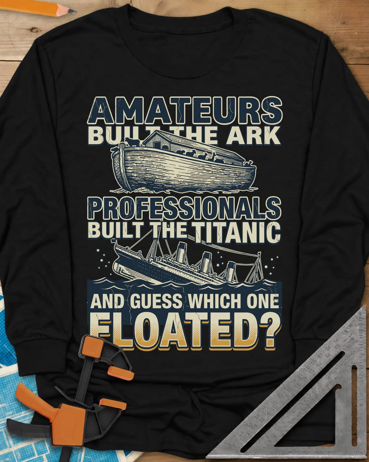Which One Floated long sleeve shirt in Black, a wooden ark and a sinking ocean liner between lines of text