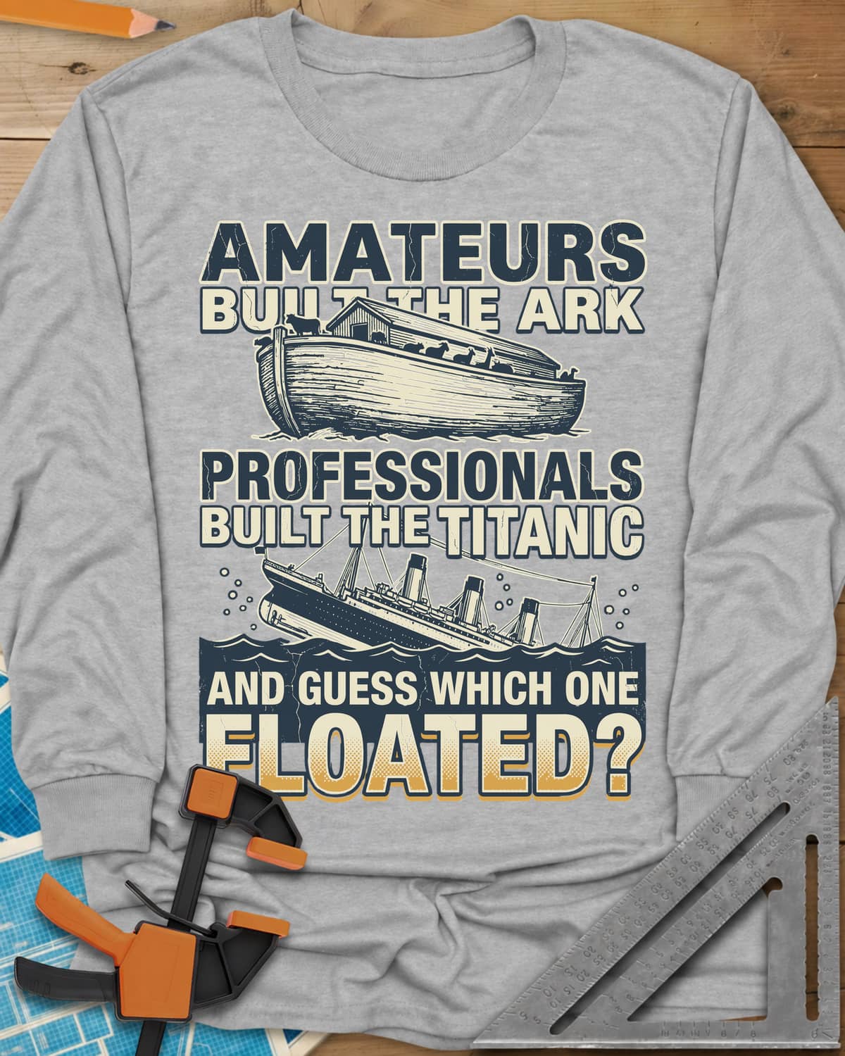 Which One Floated long sleeve shirt in Sport Grey, a wooden ark and a sinking ocean liner between lines of text