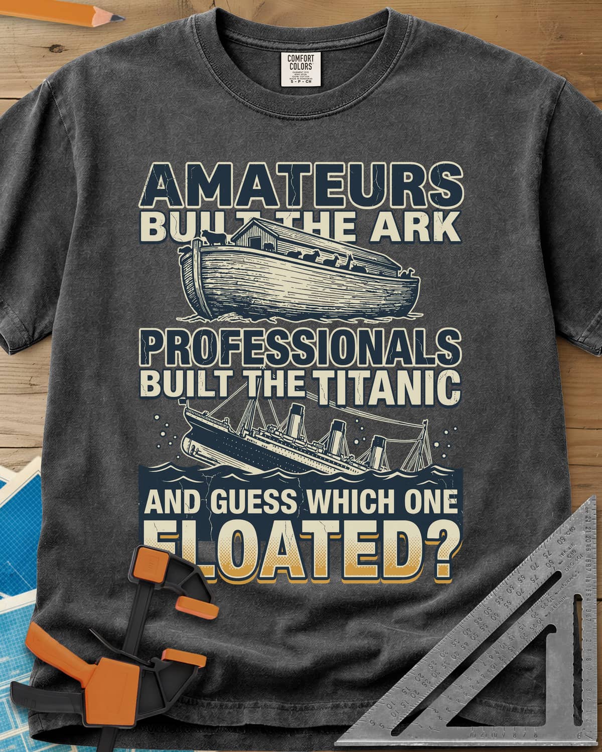 Which One Floated heavyweight tee in Pepper, a wooden ark and a sinking ocean liner between lines of text