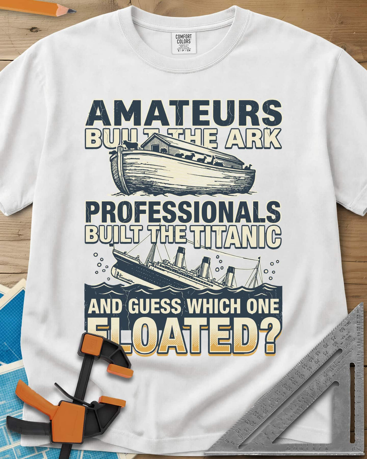 Which One Floated heavyweight tee in White, a wooden ark and a sinking ocean liner between lines of text