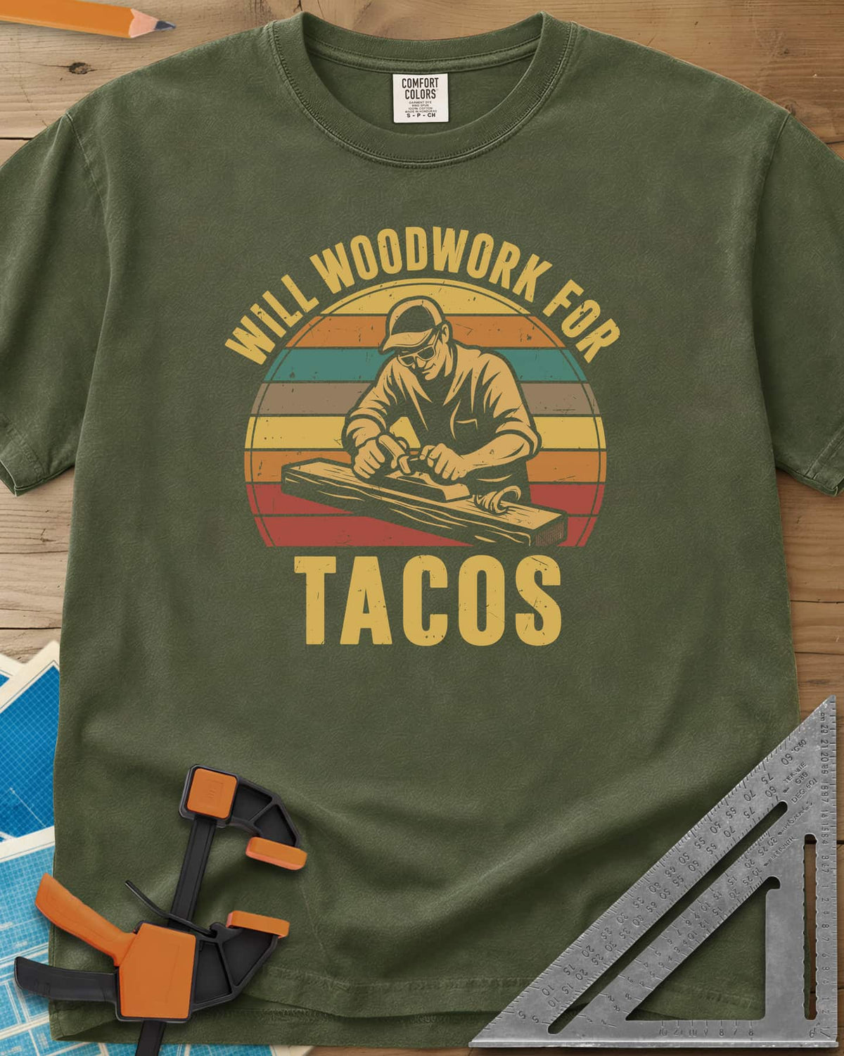 Will Woodwork For Tacos heavyweight tee in Hemp, a capped woodworker planing a board before retro sunset stripes