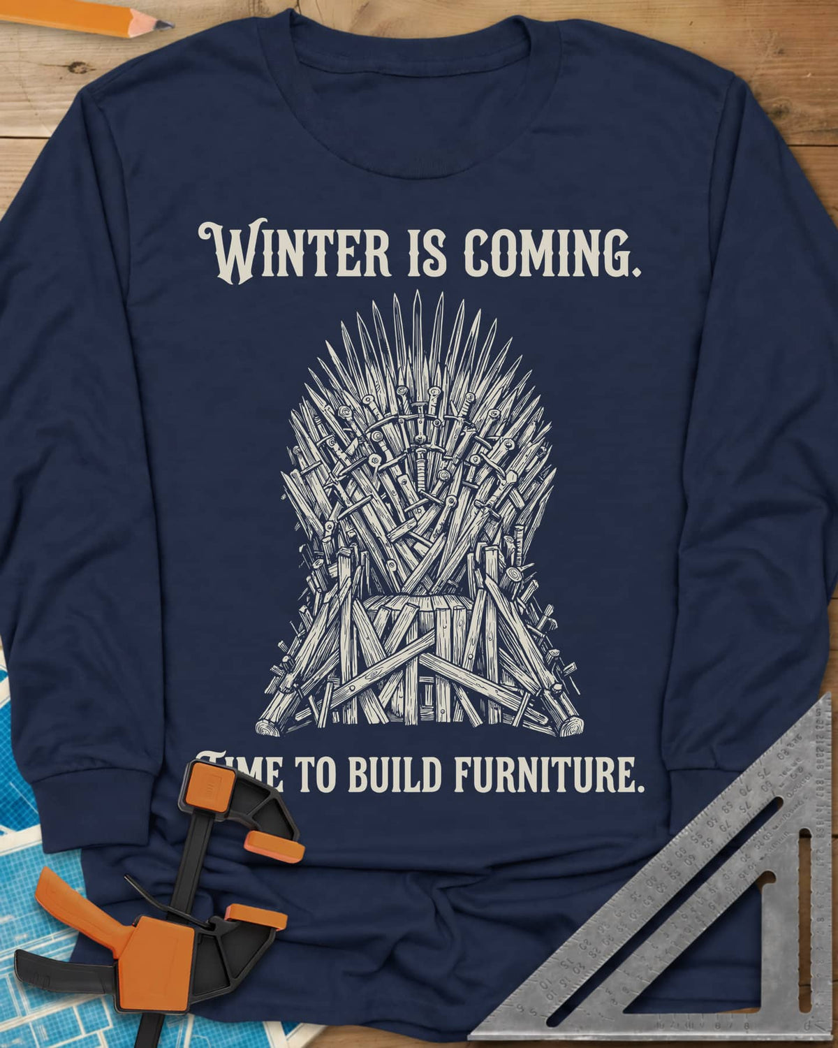 Winter Is Coming Time To Build Furniture long sleeve shirt in Navy, a spiky throne of blades and rough planks between two