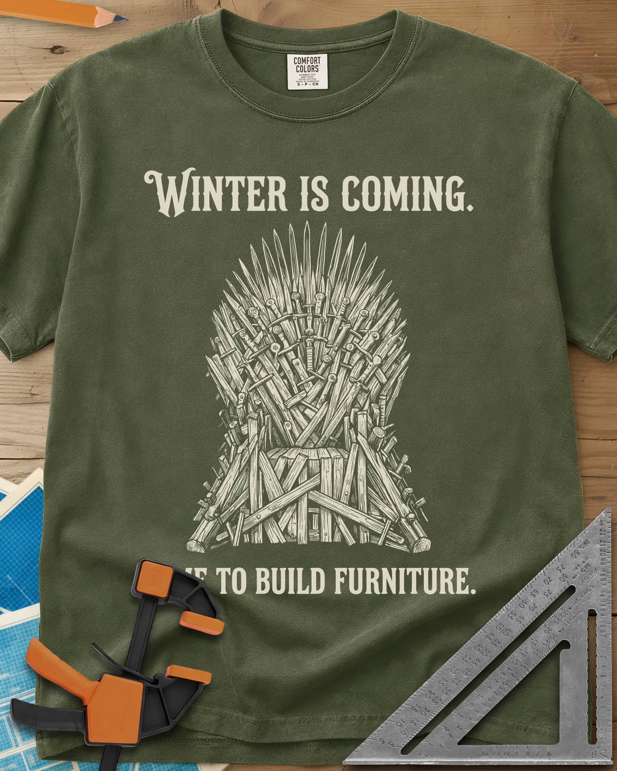 Winter Is Coming Time To Build Furniture heavyweight tee in Hemp, a spiky throne of blades and rough planks between two lines