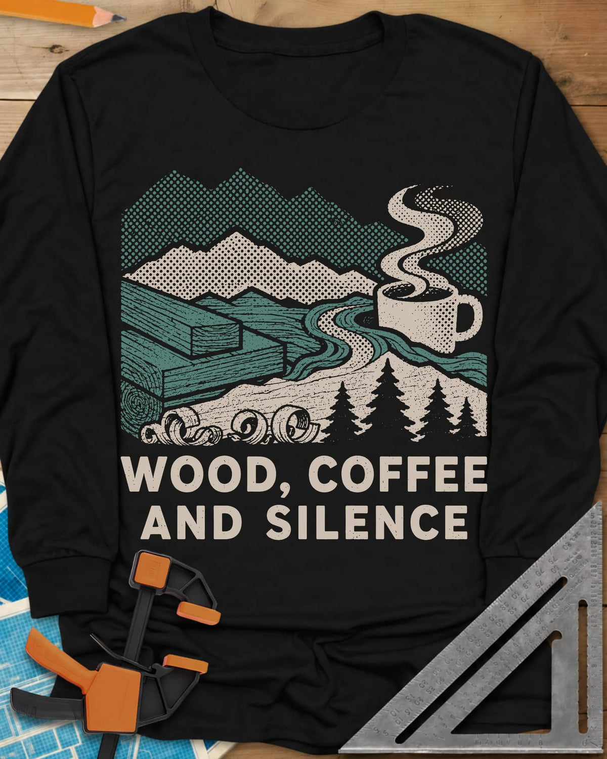 Wood Coffee Silence long sleeve shirt in Black, mountains, stacked lumber, pines and a steaming coffee cup