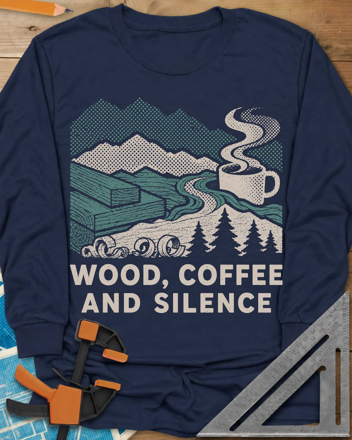 Wood Coffee Silence long sleeve shirt in Navy, mountains, stacked lumber, pines and a steaming coffee cup