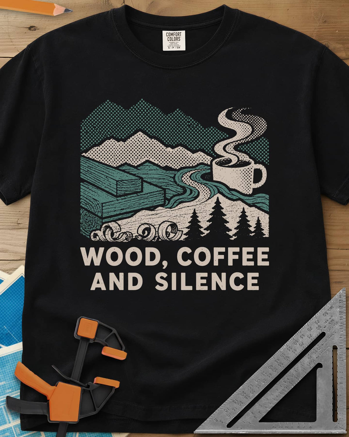 Wood Coffee Silence heavyweight tee in Black, mountains, stacked lumber, pines and a steaming coffee cup