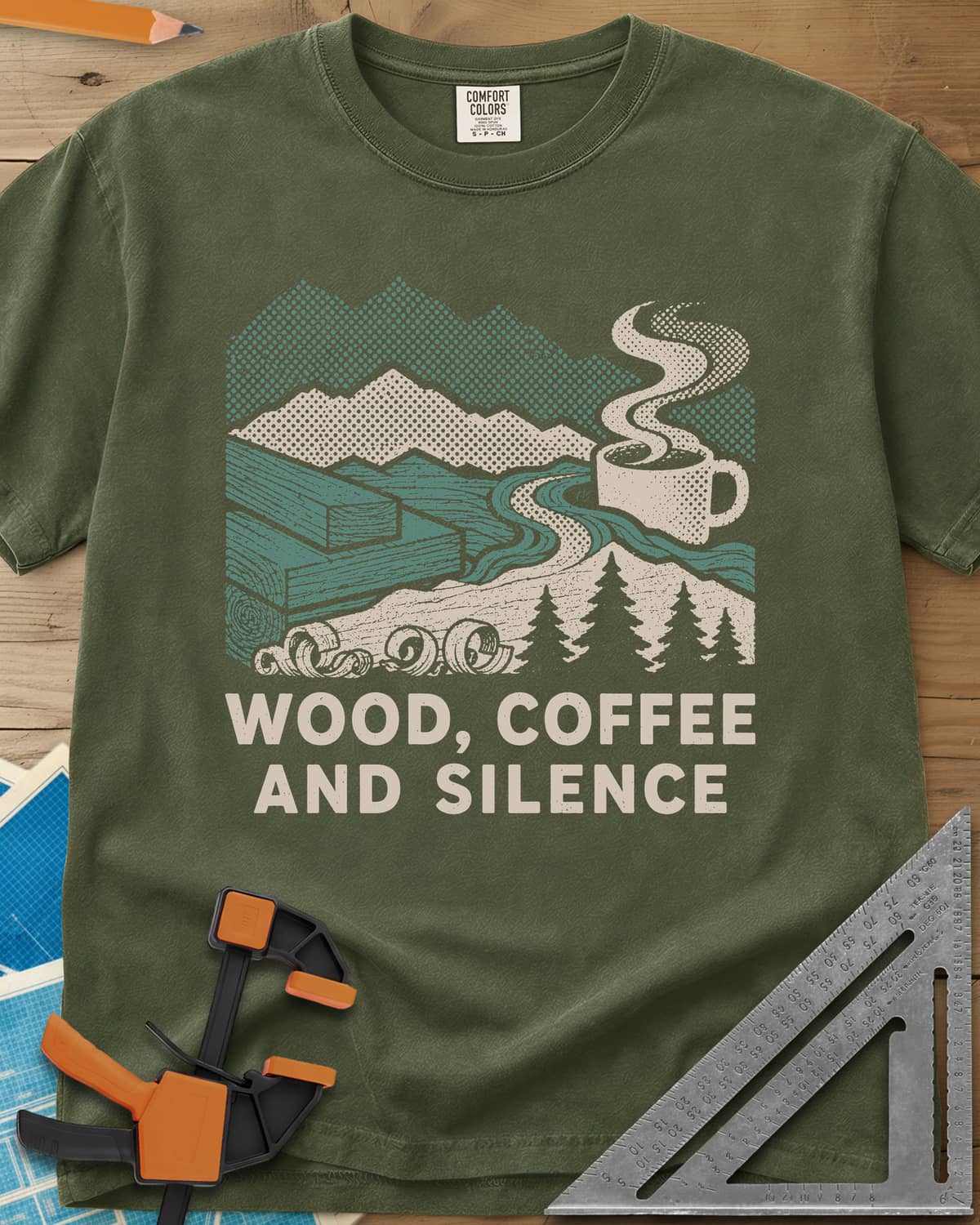 Wood Coffee Silence heavyweight tee in Hemp, mountains, stacked lumber, pines and a steaming coffee cup