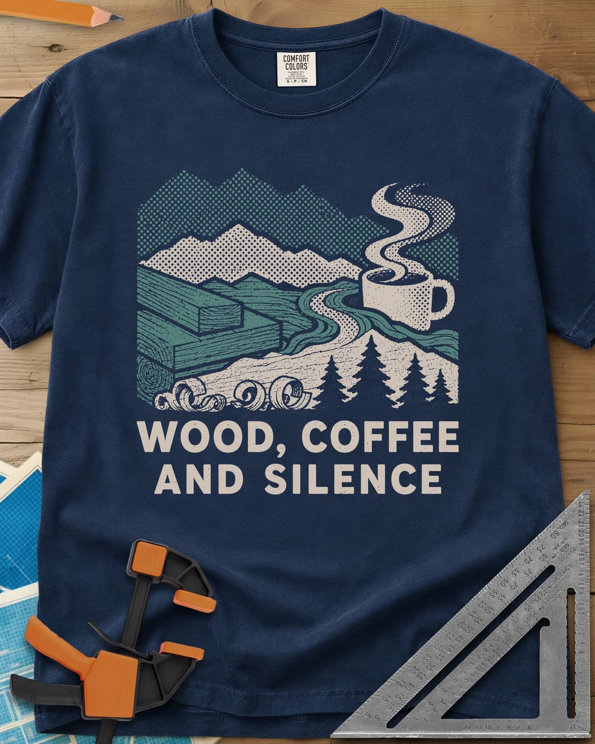 Wood Coffee Silence heavyweight tee in Navy, mountains, stacked lumber, pines and a steaming coffee cup