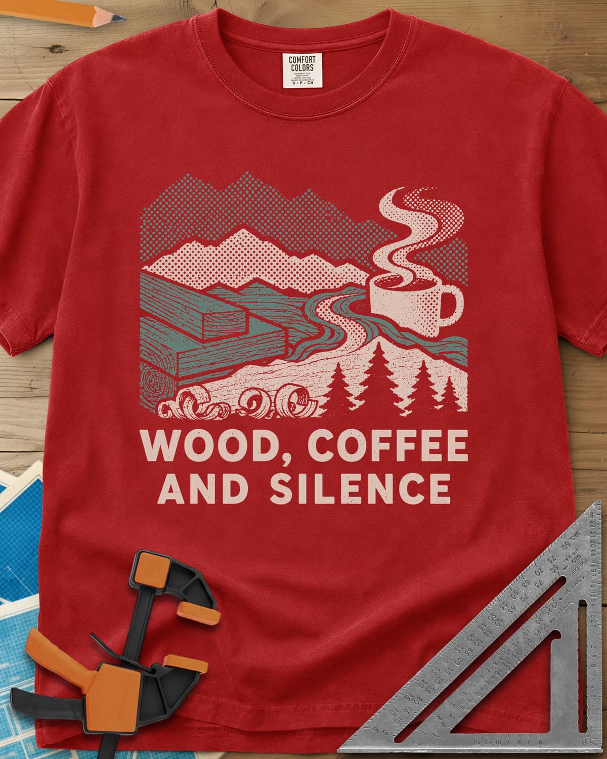 Wood Coffee Silence heavyweight tee in Red, mountains, stacked lumber, pines and a steaming coffee cup