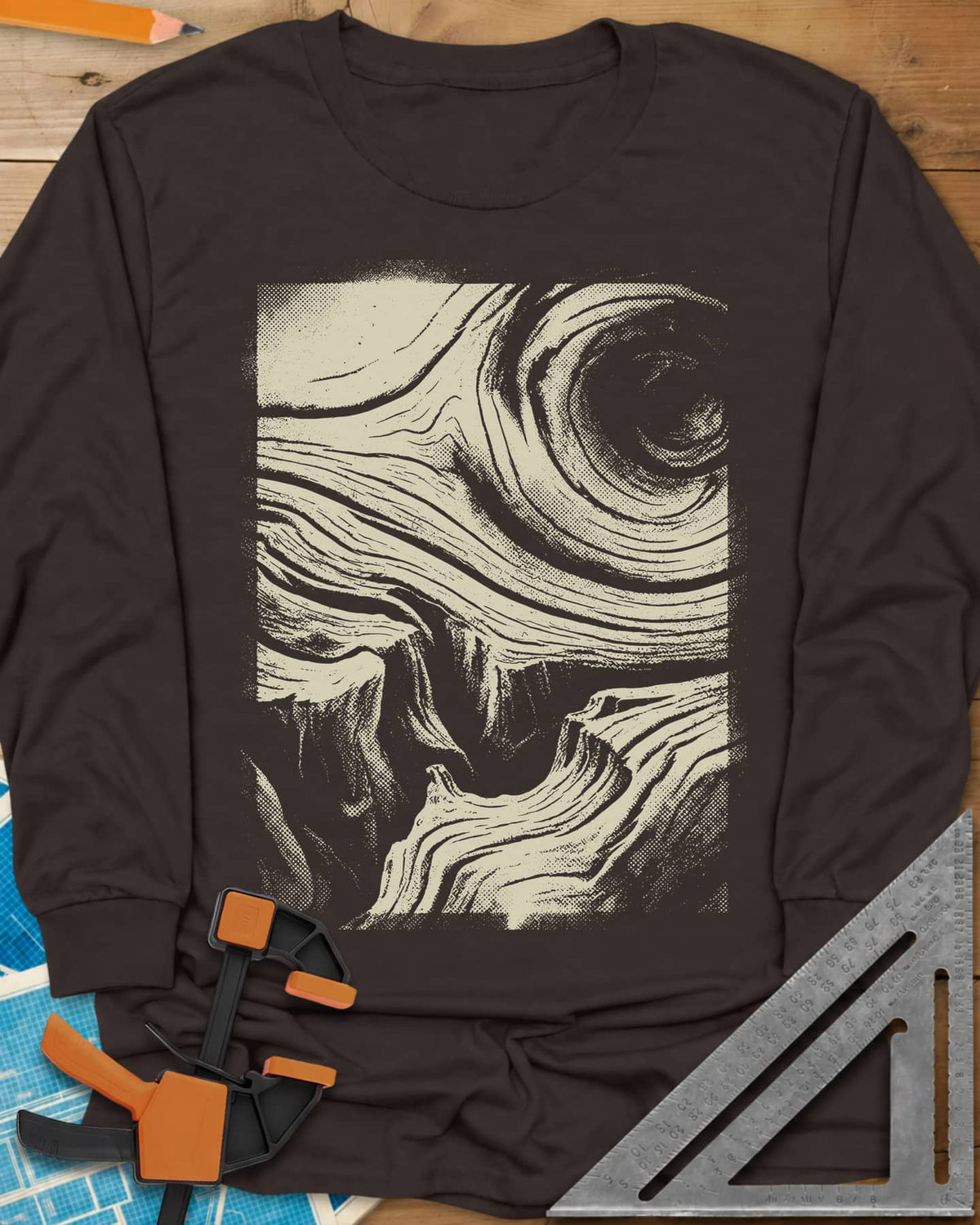 Wood Grain Skull long sleeve shirt in Dark Chocolate, a skull hiding in swirling halftone wood grain