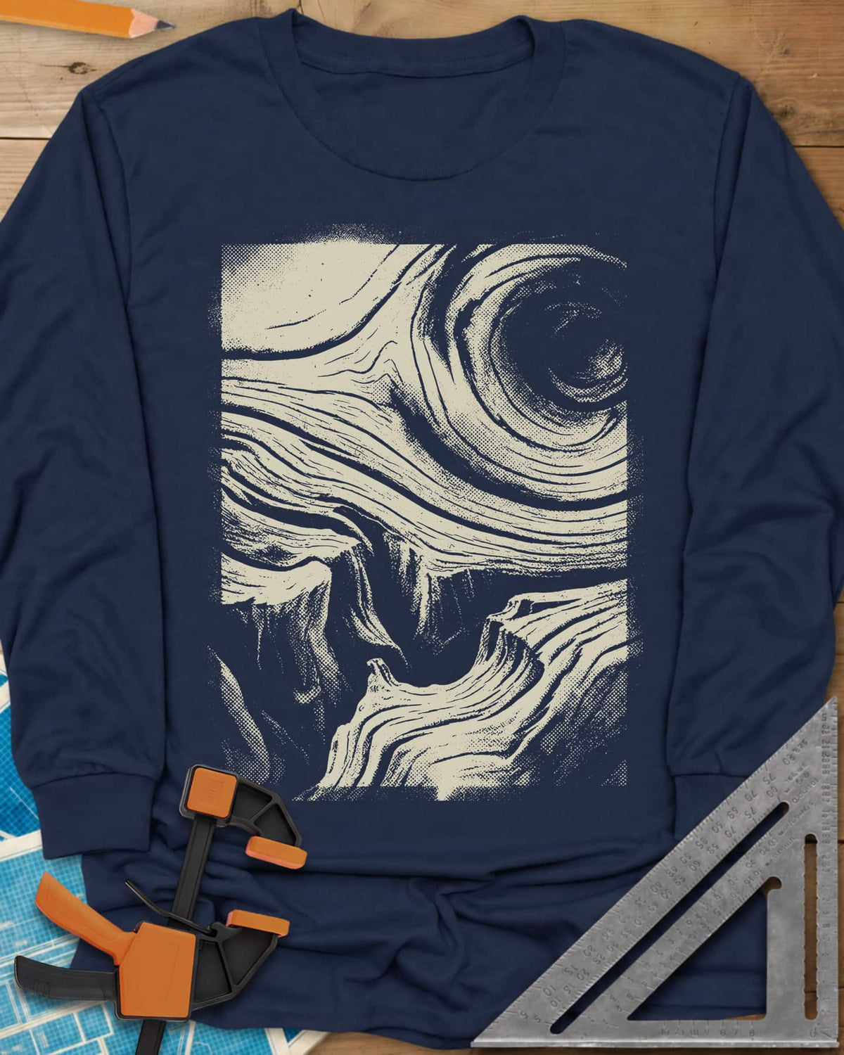 Wood Grain Skull long sleeve shirt in Navy, a skull hiding in swirling halftone wood grain