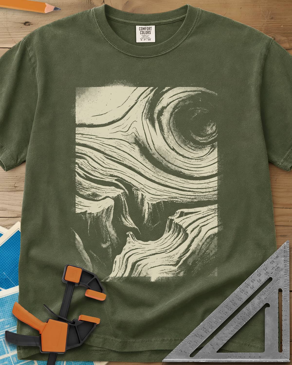 Wood Grain Skull heavyweight tee in Hemp, a skull hiding in swirling halftone wood grain
