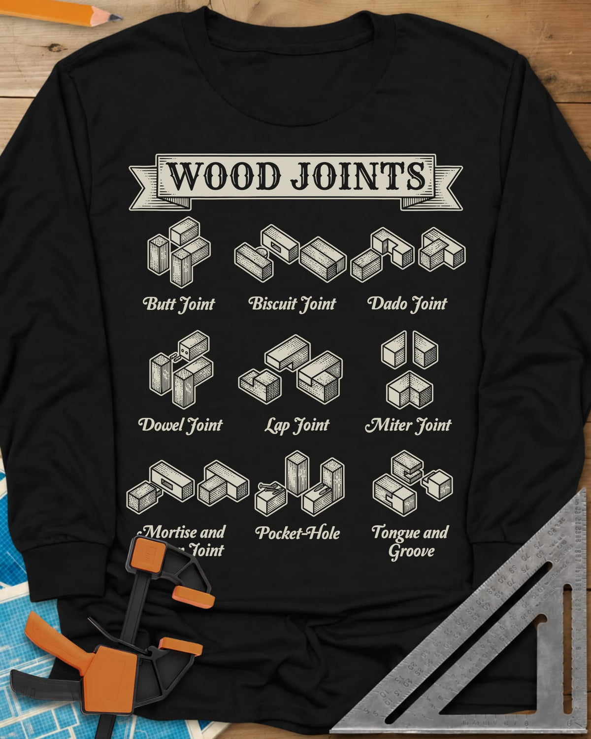 Wood Joints long sleeve shirt in Black, isometric drawings of nine wood joints with labels