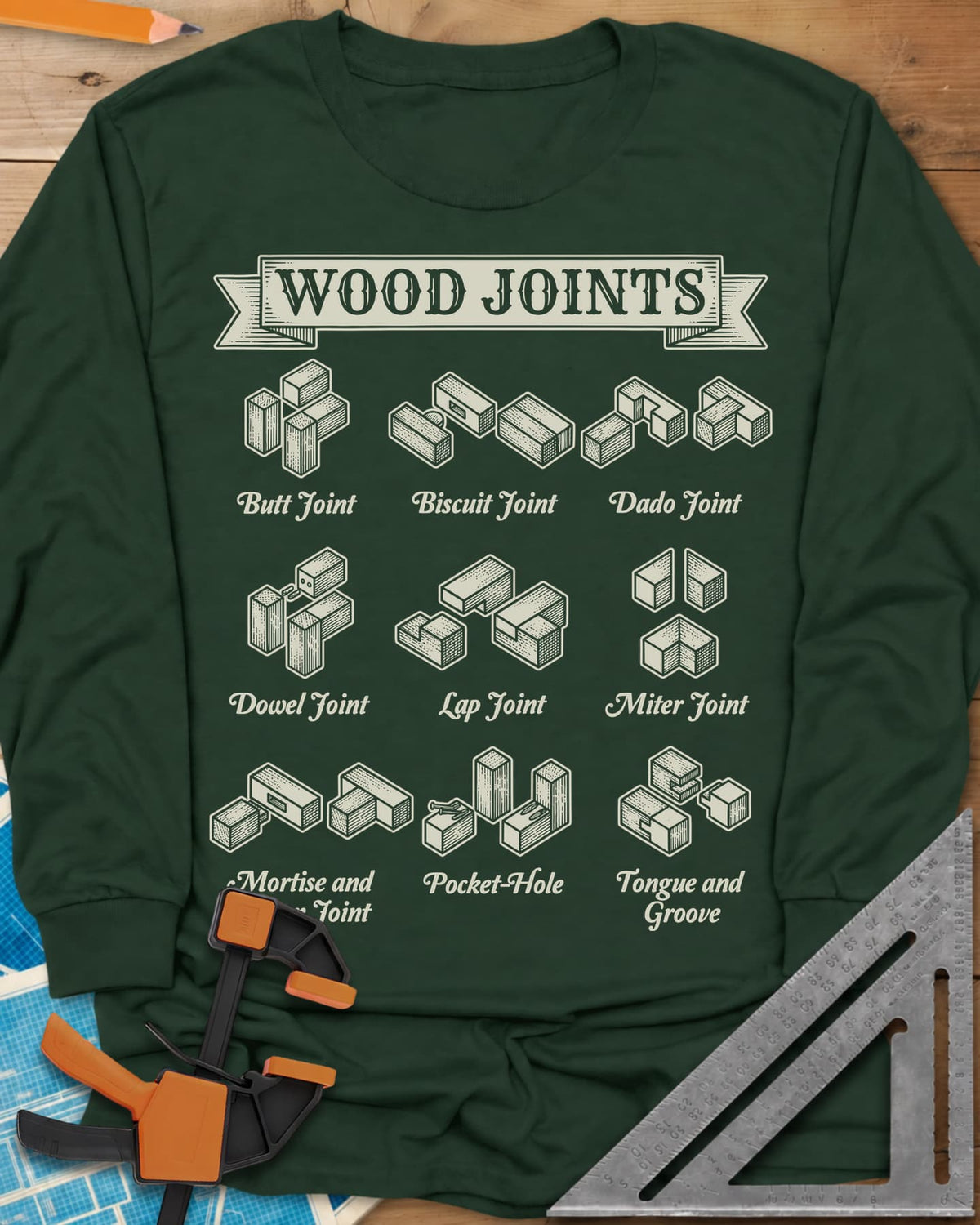 Wood Joints long sleeve shirt in Forest Green, isometric drawings of nine wood joints with labels