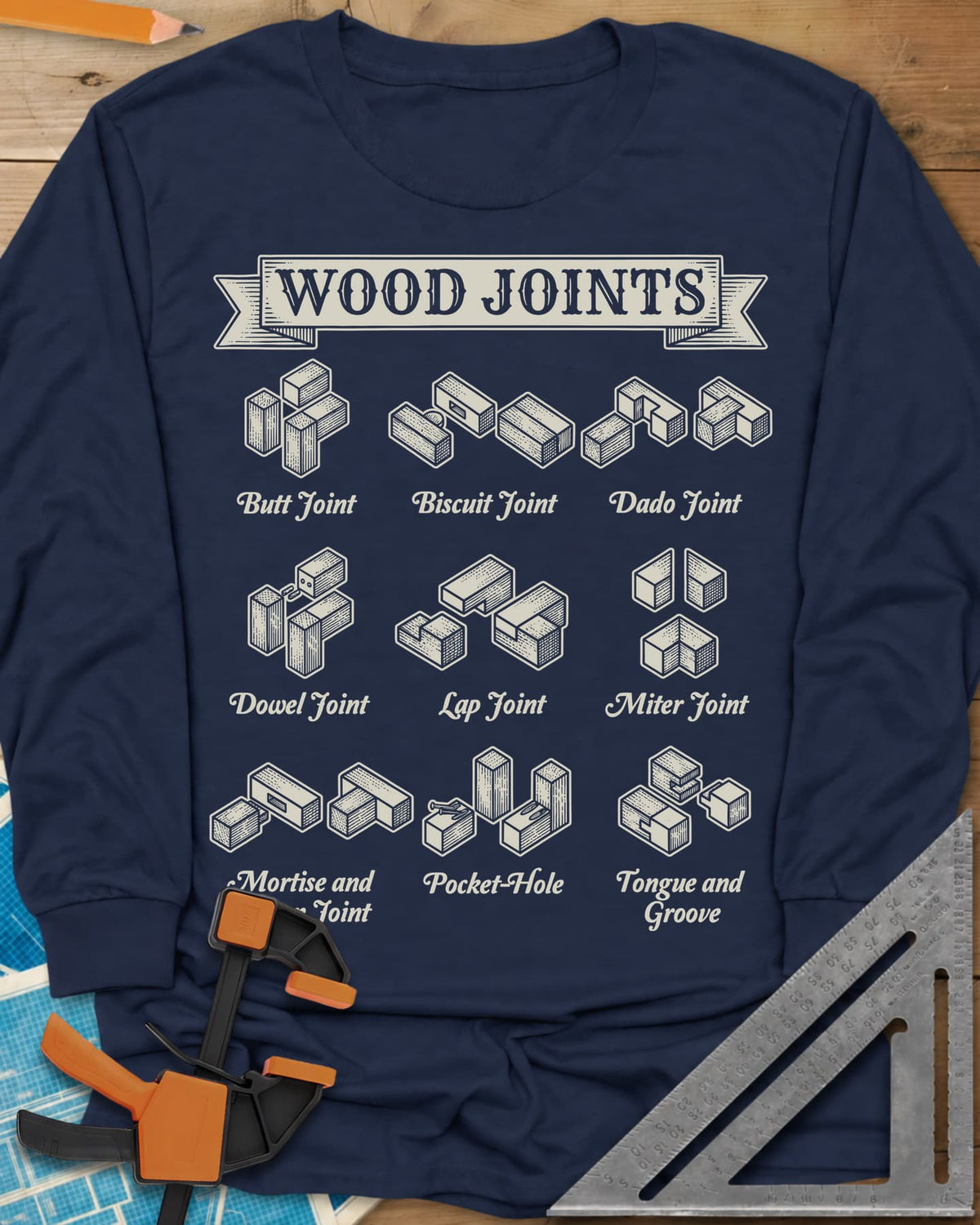 Wood Joints long sleeve shirt in Navy, isometric drawings of nine wood joints with labels