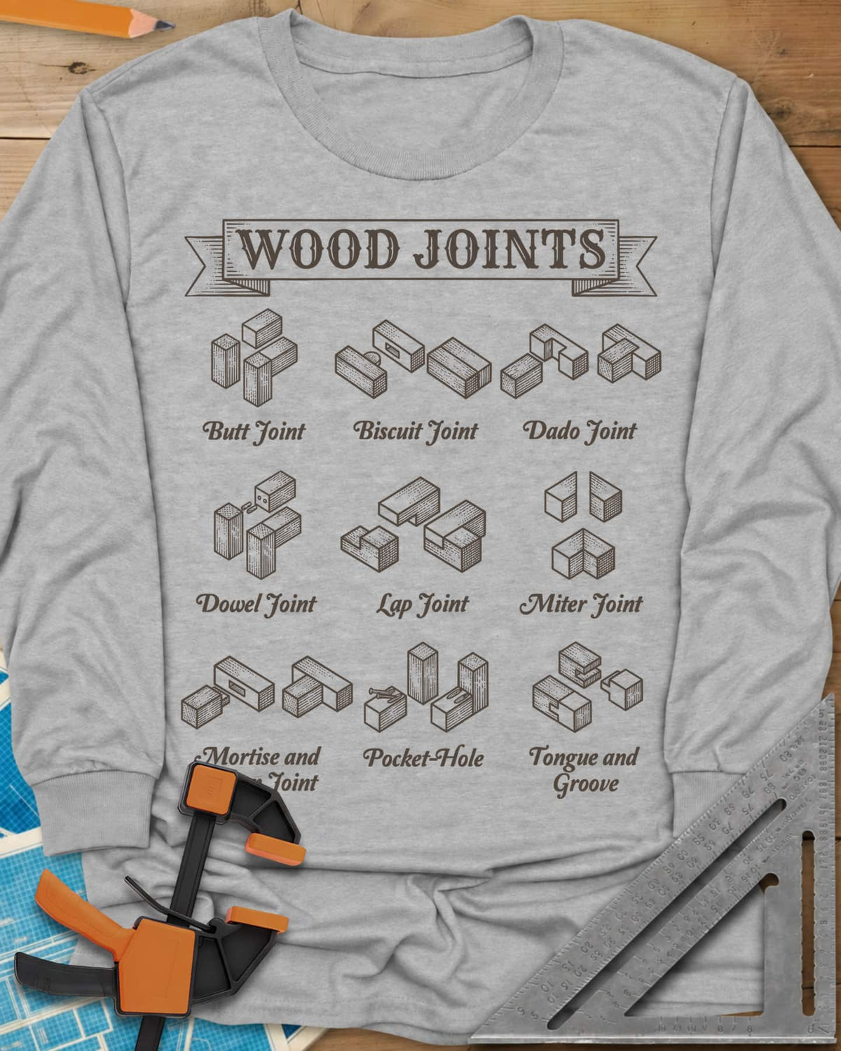 Wood Joints long sleeve shirt in Sport Grey, isometric drawings of nine wood joints with labels