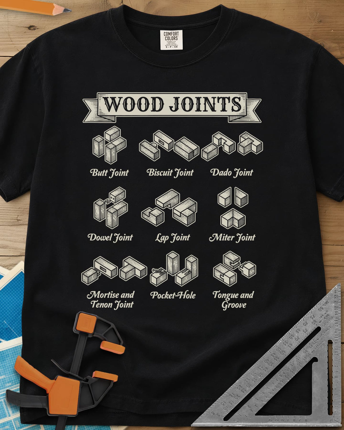 Wood Joints heavyweight tee in Black, isometric drawings of nine wood joints with labels