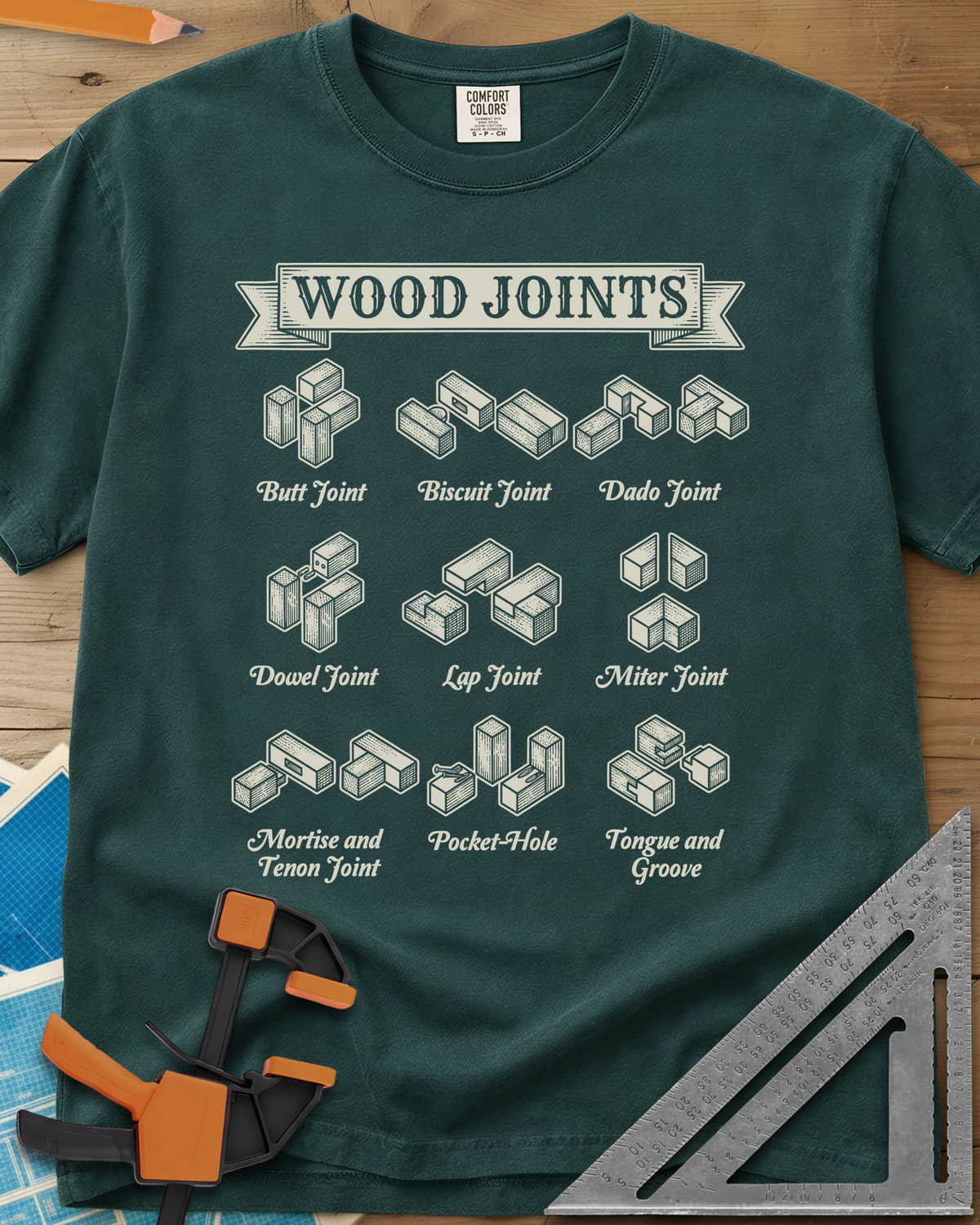 Wood Joints heavyweight tee in Blue Spruce, isometric drawings of nine wood joints with labels