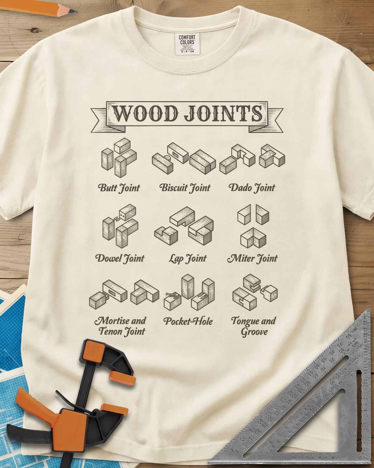 Wood Joints heavyweight tee in Ivory, isometric drawings of nine wood joints with labels
