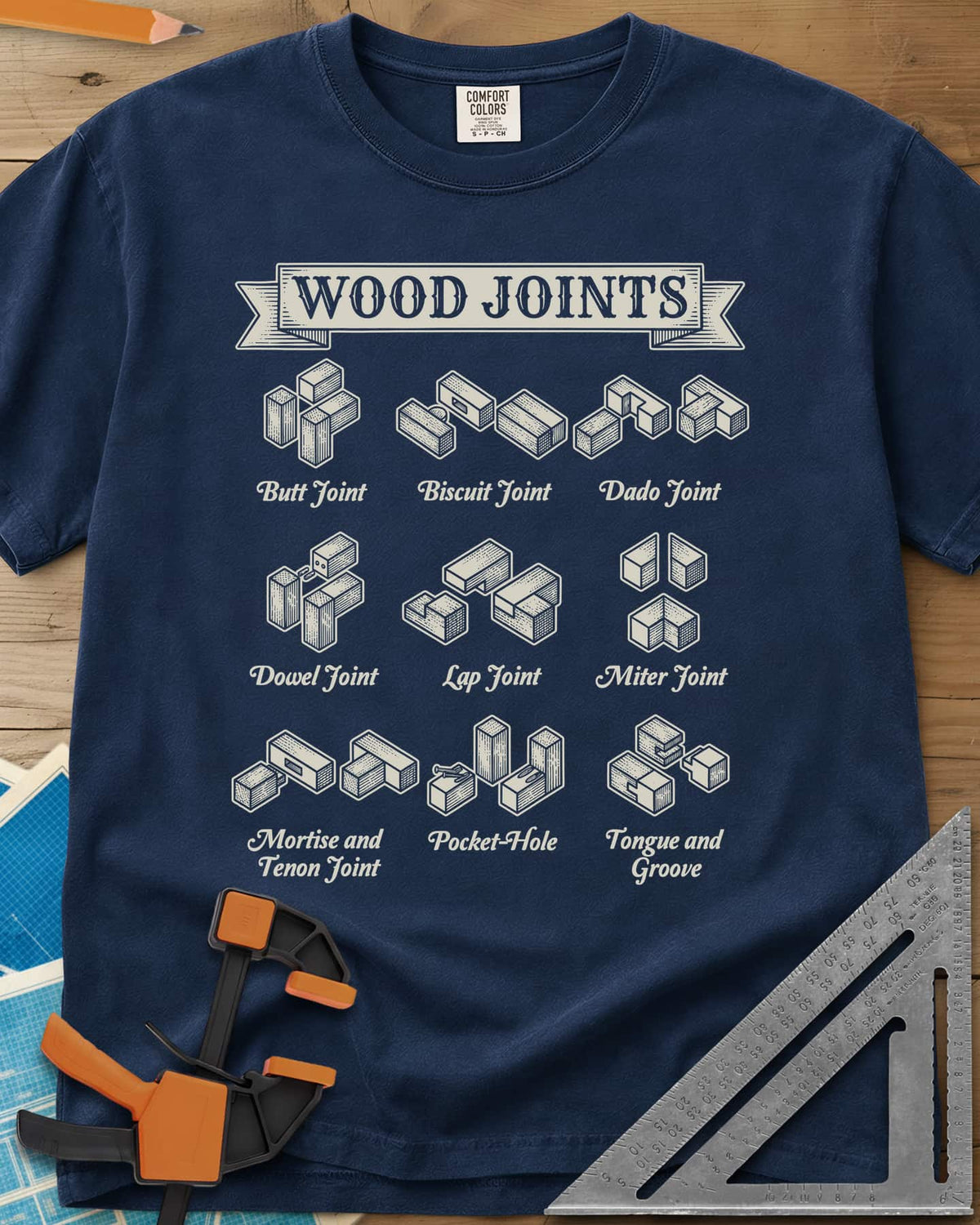 Wood Joints heavyweight tee in Navy, isometric drawings of nine wood joints with labels