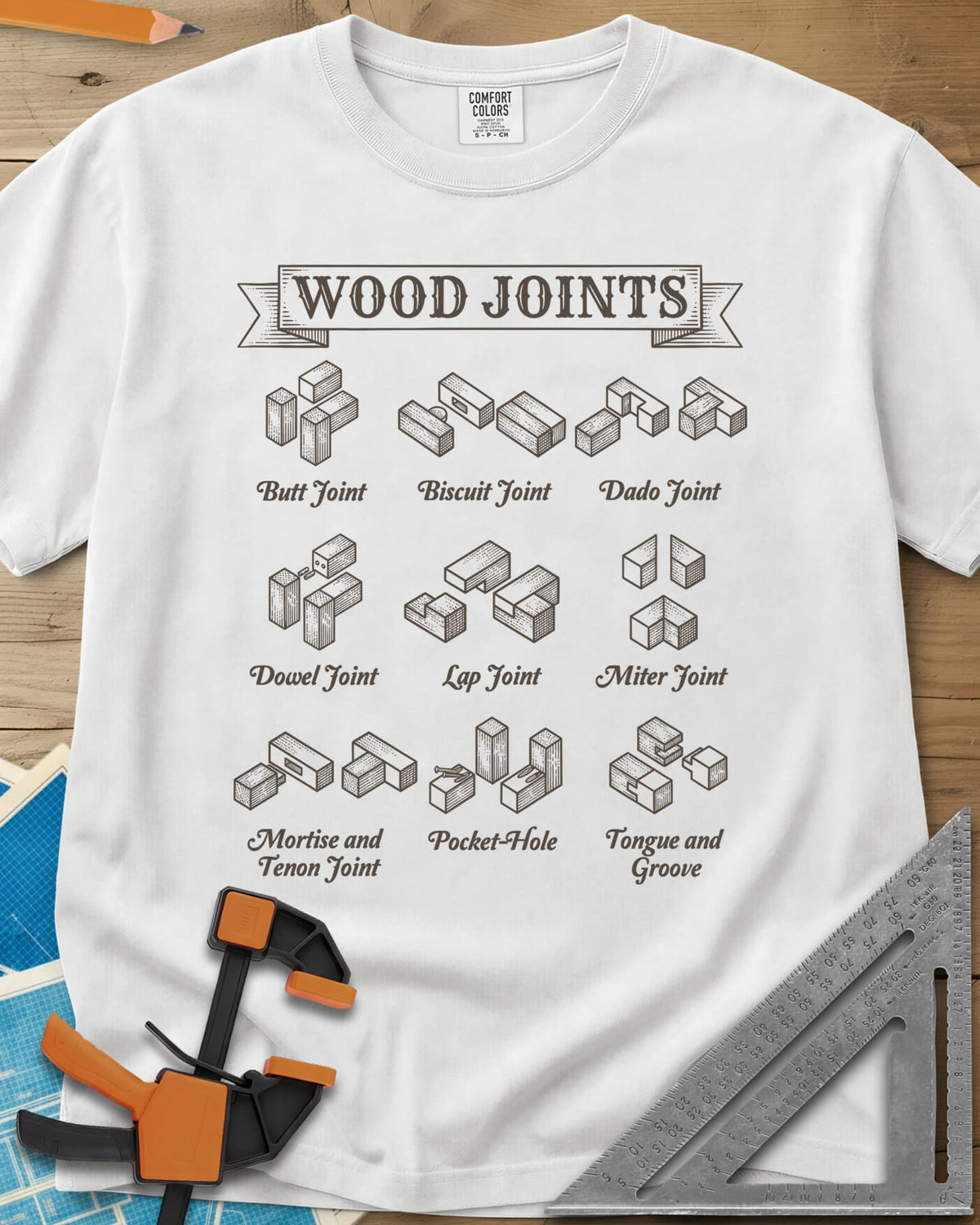 Wood Joints heavyweight tee in White, isometric drawings of nine wood joints with labels