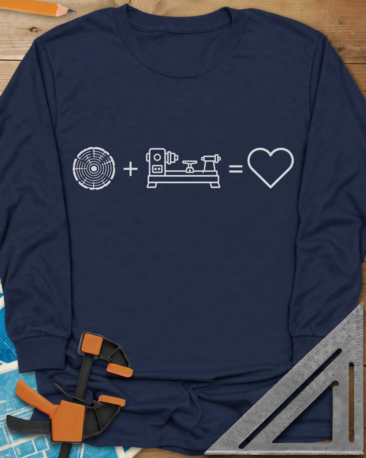 Wood + Lathe = Love long sleeve shirt in Navy, a log slice plus a wood lathe equals a heart in white line art